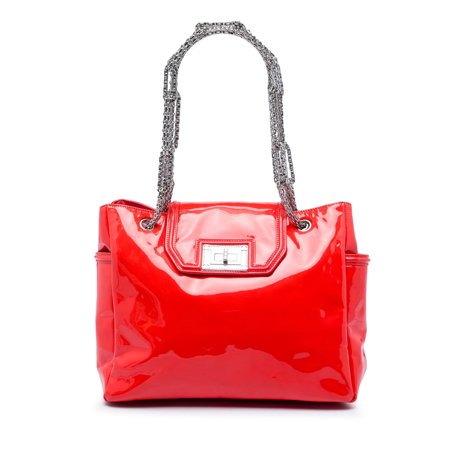 Chanel Mademoiselle Lock Bijoux Chain Patent Leather Tote: Chanel Mademoiselle Lock Bijoux Chain Patent Leather Tote Chanel Patent Mademoiselle Lock Bijoux Chain Tote in red patent leather with chain link straps and an open top with flap and turn lock closure