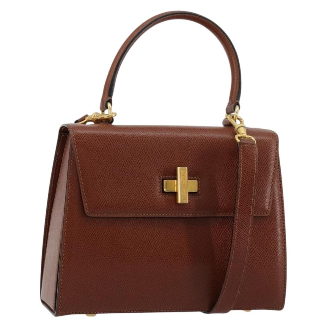 CELINE Brown Leather 2way Handbag with Shoulder Strap: CELINE Brown Leather 2way Handbag with Shoulder Strap This CELINE handbag is crafted from leather in a brown and gold color scheme and offers versatile 2-way carrying options as a handbag or with the 
