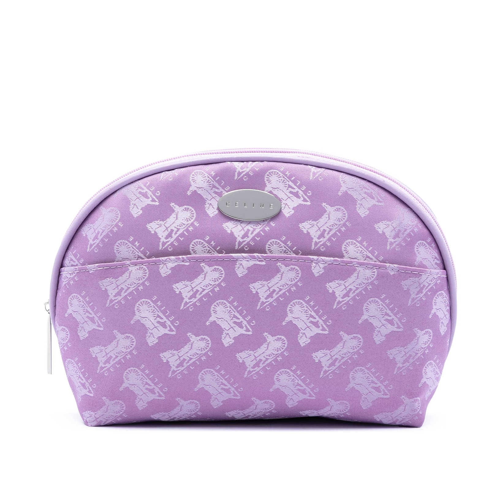 Celine Carriage Print Cosmetic Pouch in Purple Canvas: Celine Carriage Print Cosmetic Pouch in Purple Canvas Celine Carriage Print Canvas Cosmetic Pouch in purple, made in Italy. This SLG features a canvas body with leather trim, a top zip closure, an ext