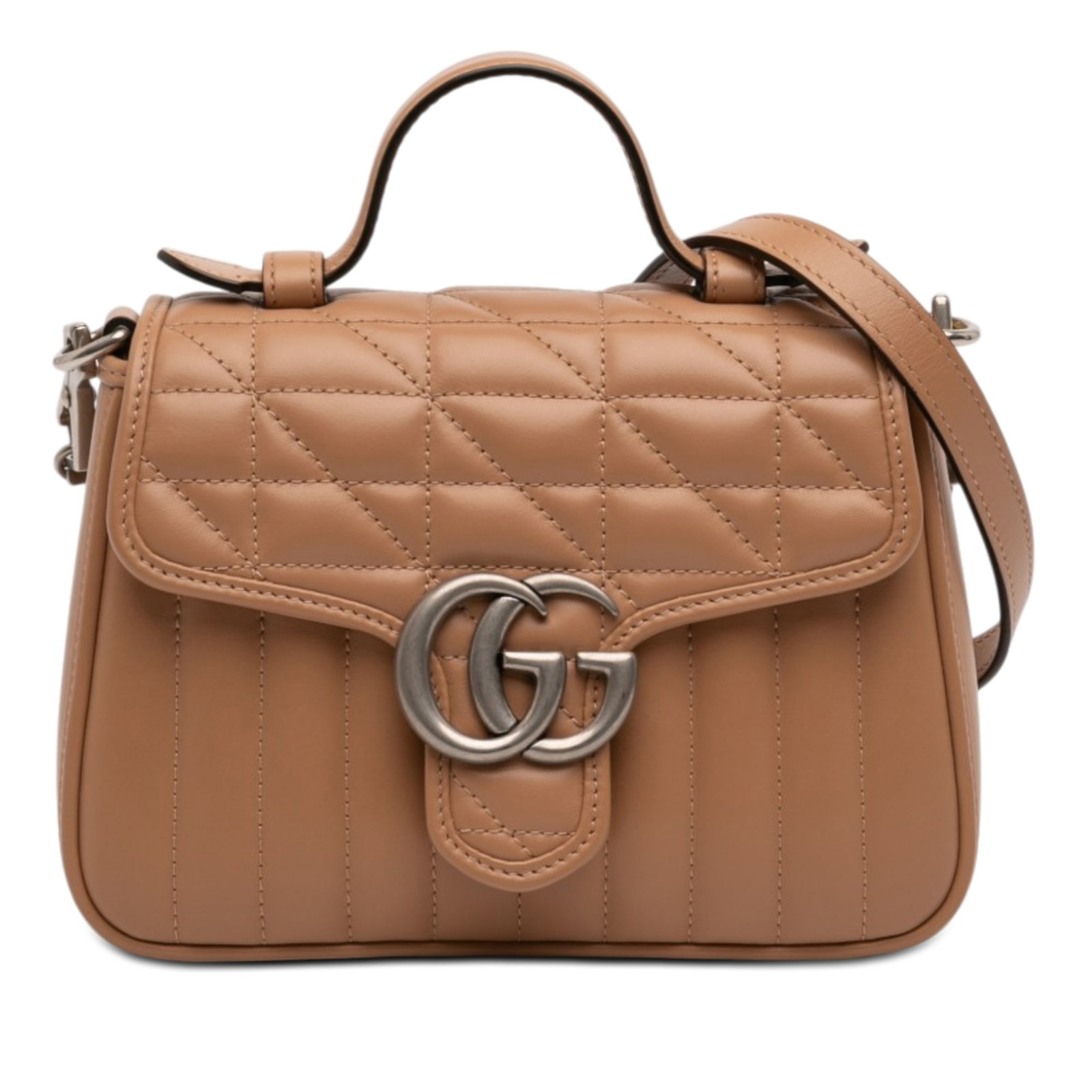 Gucci GG Marmont Aria Mini Top Handle Leather Bag: Gucci GG Marmont Aria Mini Top Handle Leather Bag Gucci Mini GG Marmont Aria top handle bag in brown quilted leather. This structured design features a flat top handle, a detachable chain-link and lea
