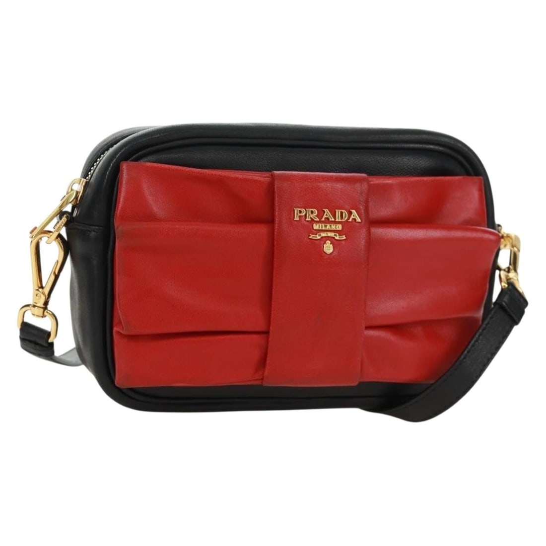Prada Ribbon Leather Shoulder Bag Black Red Gold with Dust Bag: Prada Ribbon Leather Shoulder Bag Black Red Gold with Dust Bag Prada ribbon shoulder bag in black, red, and gold leather. This women's bag includes a dust bag and guarantee card. Made in Italy, it sho