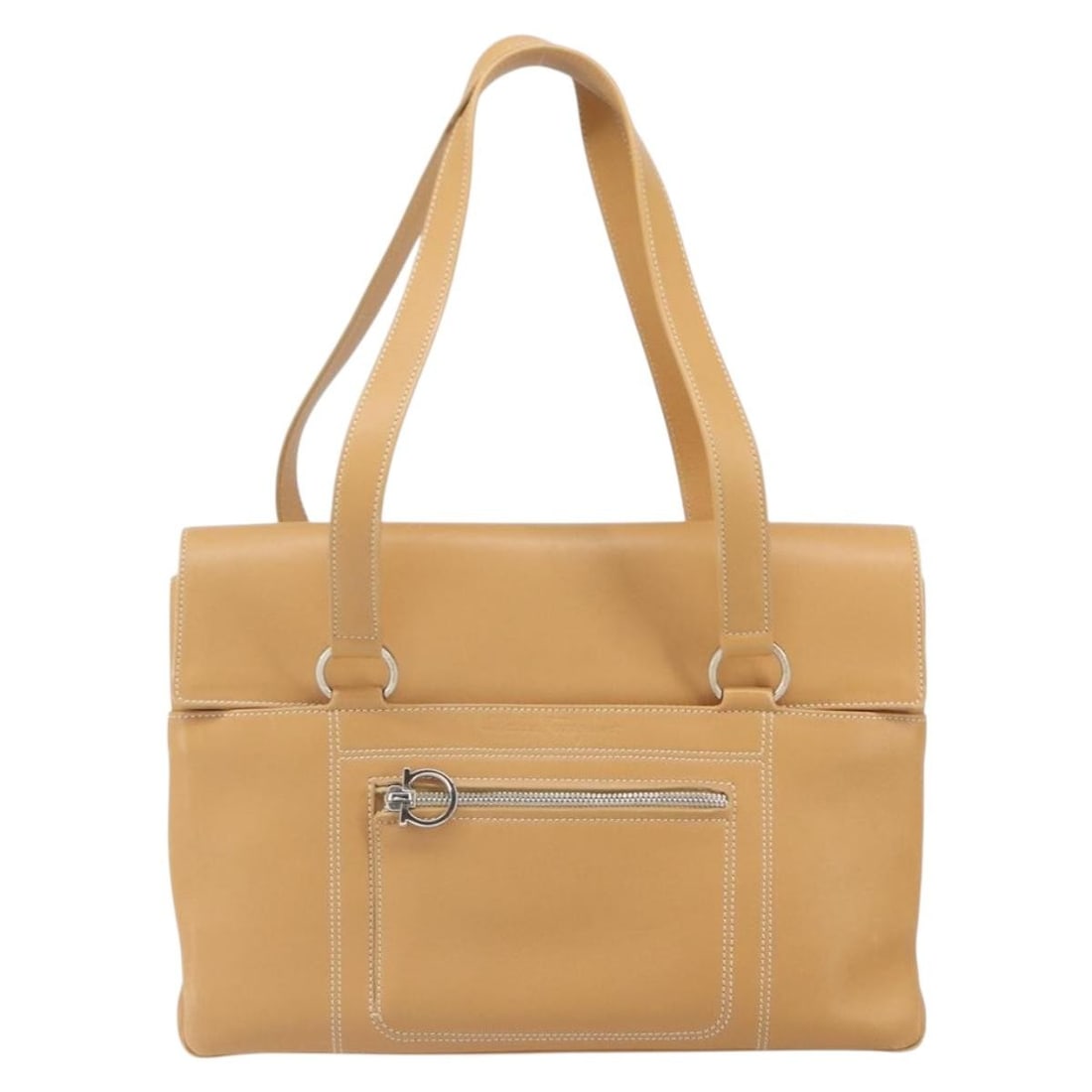 Beige Leather Gancini Tote by Salvatore Ferragamo: Beige Leather Gancini Tote by Salvatore Ferragamo Salvatore Ferragamo Gancini Tote in beige leather. This unisex tote is made in Italy and measures 33 cm x 20 cm x 12 cm. It is in good vintage conditi