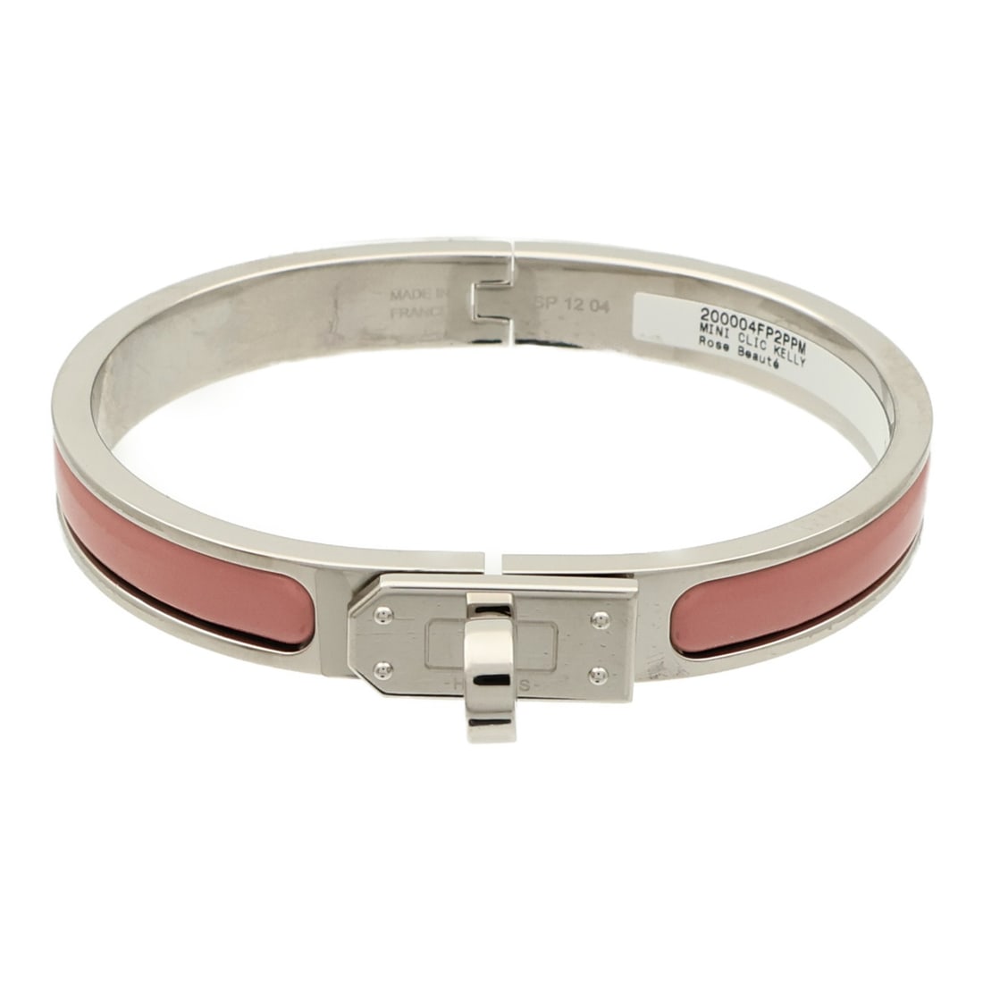 Hermes Mini Clic Kelly Bracelet Pink Enamel Metal PHW: Hermes Mini Clic Kelly Bracelet Pink Enamel Metal PHW Mini Clic Kelly bracelet in pink enamel and metal with a PHW finish. Designed for women and made in France. Includes storage box and storage bags.