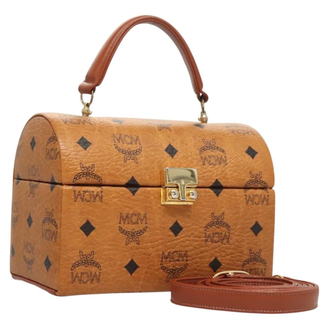 MCM Logogram Vicetos 2 Way Hand Bag Brown Gold PVC Leather: MCM Logogram Vicetos 2 Way Hand Bag Brown Gold PVC Leather MCM logogram Vicetos 2-way handbag in brown and gold PVC leather. This women's bag includes a shoulder strap and features a compact structure