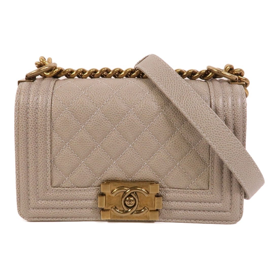 CHANEL Boy 20 Gray Calfskin Shoulder Bag Gold Tone CC Chain: CHANEL Boy 20 Gray Calfskin Shoulder Bag Gold Tone CC Chain CHANEL Boy 20 chain shoulder bag in gray calfskin leather with the signature CC design and GHW. This women's shoulder bag features an interi