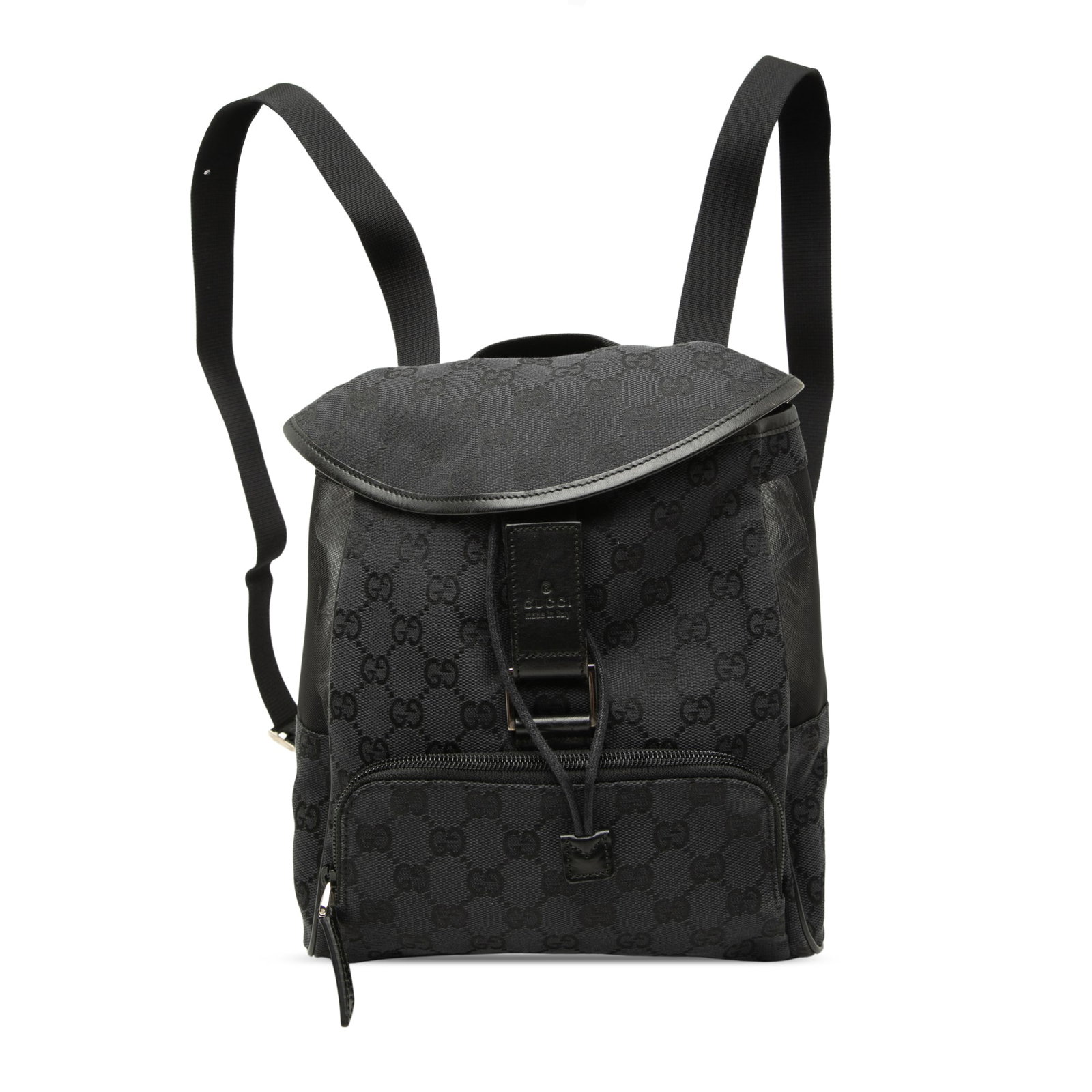 Gucci GG Canvas Backpack Black Fabric and Leather Trim: Gucci GG Canvas Backpack Black Fabric and Leather Trim Gucci GG Canvas Backpack crafted with a canvas body, mesh panels, and leather trim. The design includes a flat top handle, adjustable flat back s