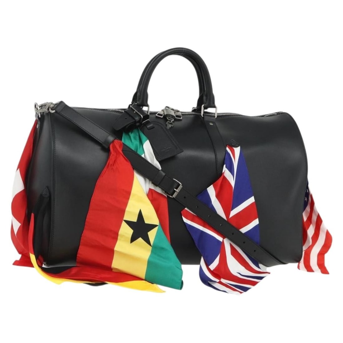 Louis Vuitton Keepall Bandouliere 50 Black Leather Boston Bag M55268: Louis Vuitton Keepall Bandouliere 50 Black Leather Boston Bag M55268 This Louis Vuitton Flag Keepall Bandouliere 50 is a stylish Boston bag crafted from black leather. Designed for women, it features 