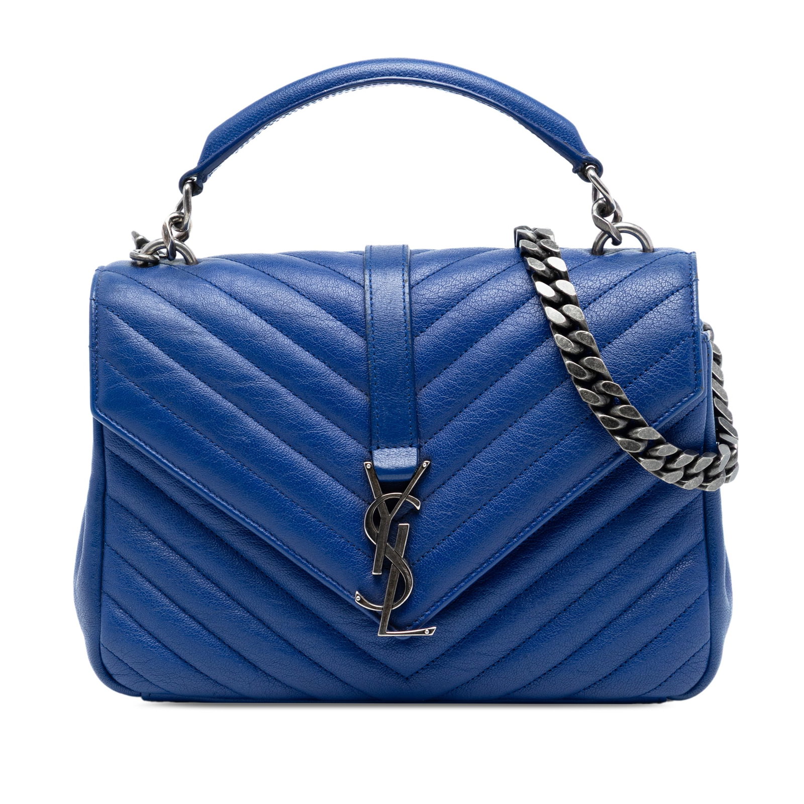 Saint Laurent College Medium Blue Chevron Quilted Sheepskin Satchel: Saint Laurent College Medium Blue Chevron Quilted Sheepskin Satchel Saint Laurent College satchel in blue quilted chevron sheepskin leather. This medium bag features a flat leather top handle, a detac