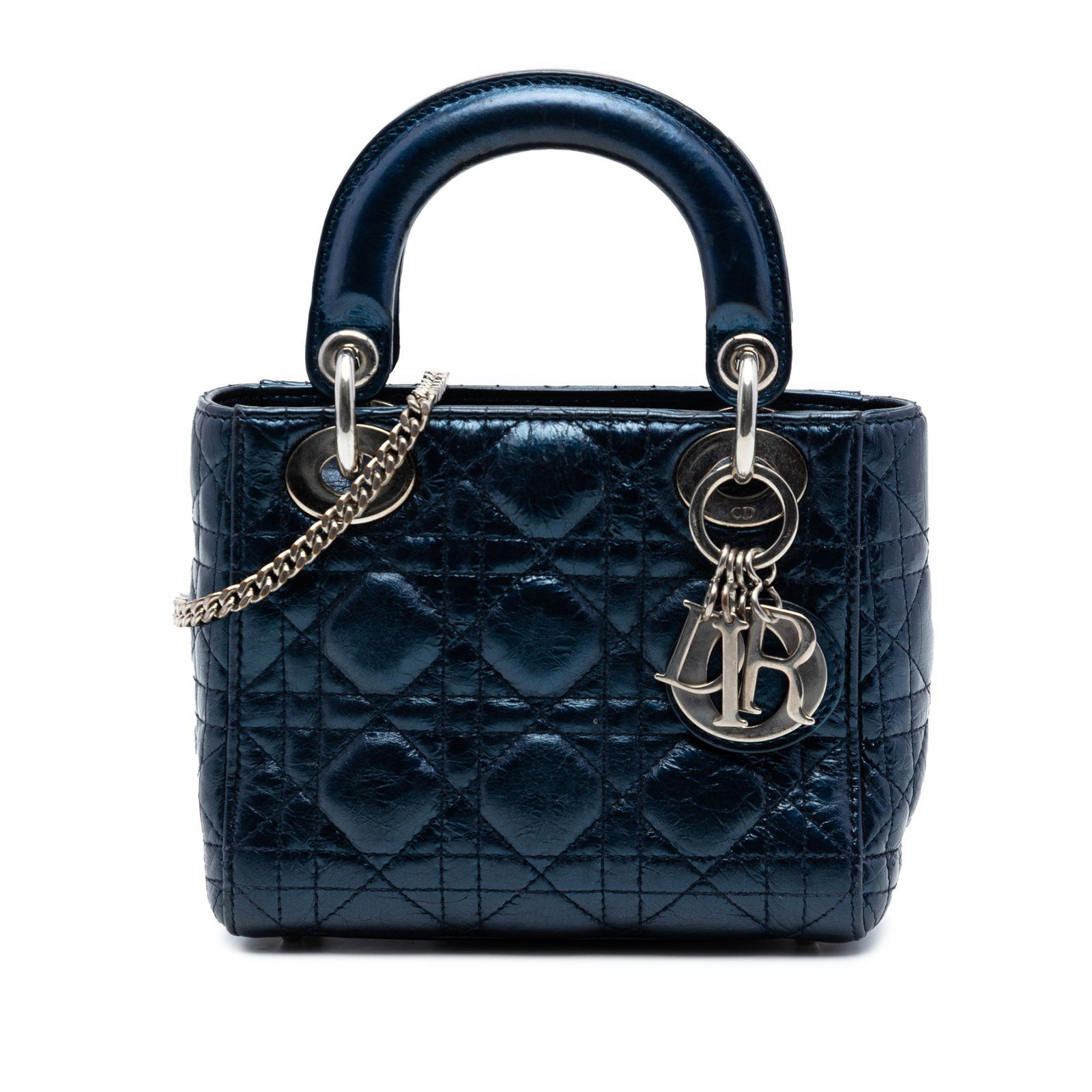 Dior Mini Cannage Lady Dior Metallic Blue Leather Bag: Dior Mini Cannage Lady Dior Metallic Blue Leather Bag This Mini Metallic Calfskin Cannage Lady Dior bag features a quilted leather exterior in blue, flat top handles, and a detachable chain strap with