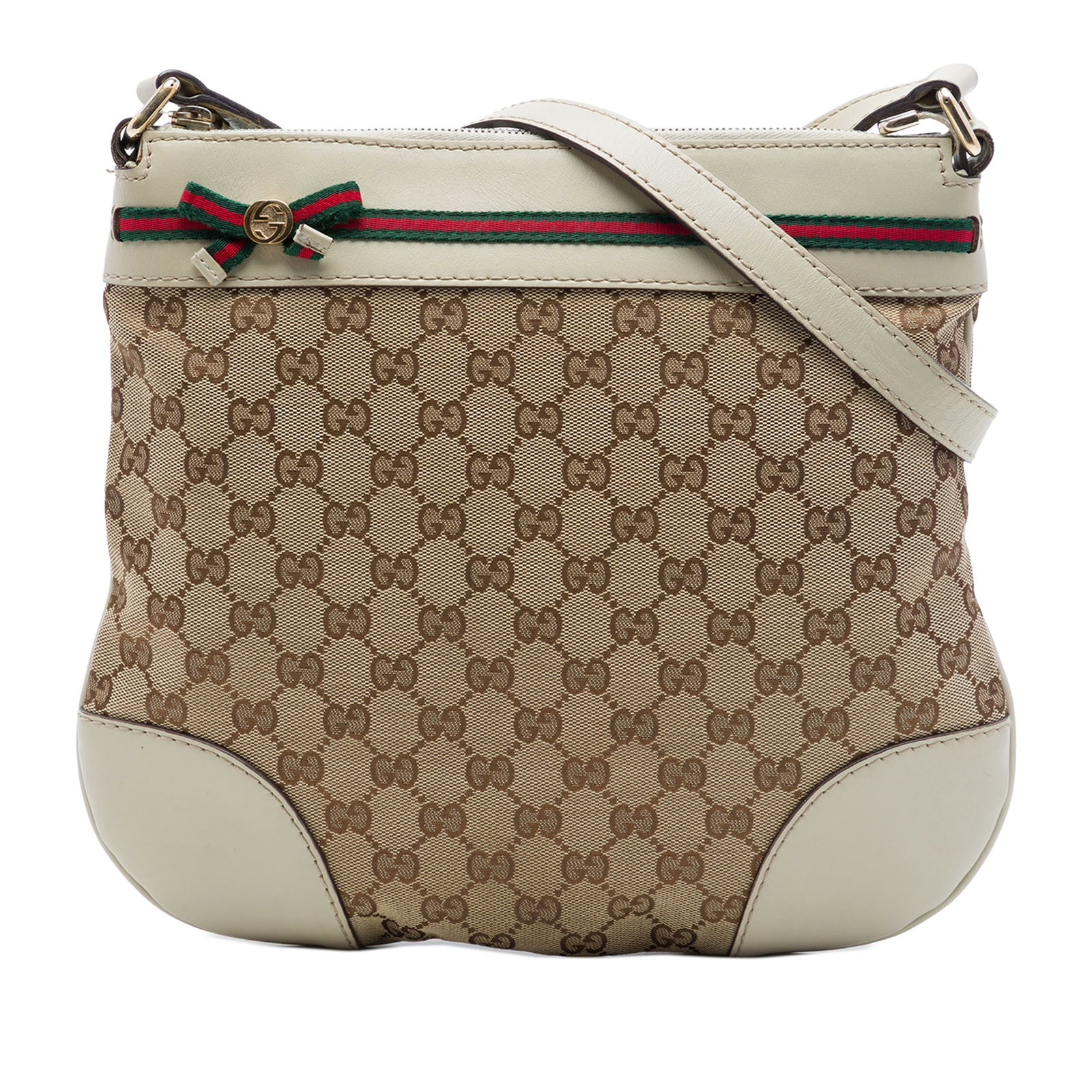 Gucci Mayfair Crossbody Bag GG Canvas Web Beige Leather Trim: Gucci Mayfair Crossbody Bag GG Canvas Web Beige Leather Trim Gucci Mayfair crossbody bag in beige GG canvas with leather trim and web ribbon detail. This bag features an adjustable flat leather strap,