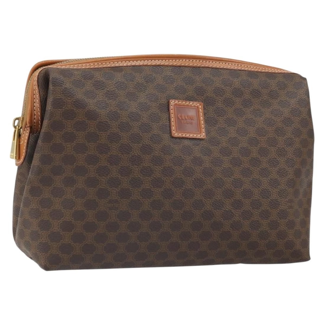 CELINE Macadam Clutch Bag Brown Gold PVC Leather Italy: CELINE Macadam Clutch Bag Brown Gold PVC Leather Italy Celine Macadam canvas clutch bag in brown and gold with PVC leather trim. Made in Italy, this women's clutch shows reasonable wear consistent wit
