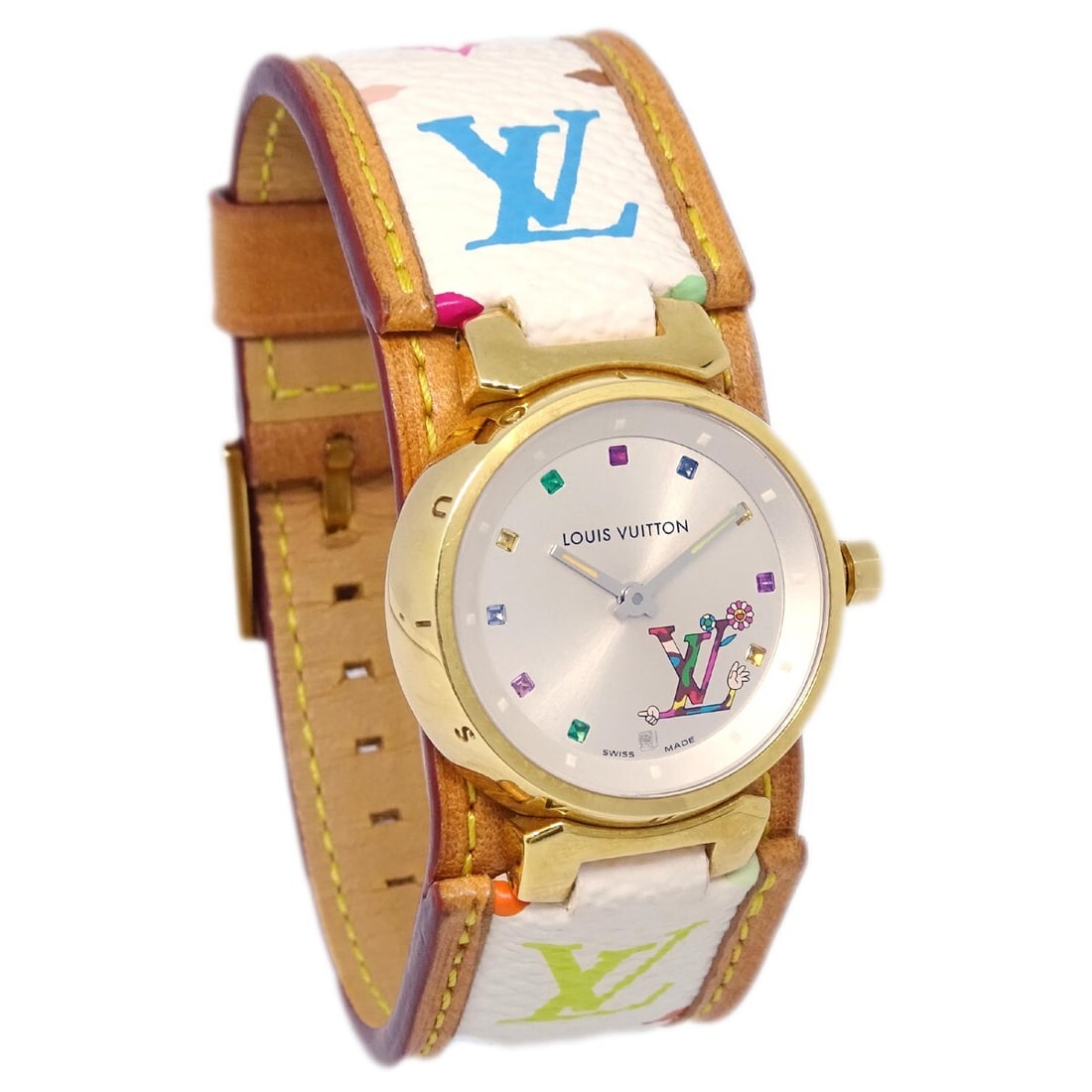 Louis Vuitton Tambour Q12131 Women's Quartz Watch Monogram Multicolor: Louis Vuitton Tambour Q12131 Women's Quartz Watch Monogram Multicolor Louis Vuitton Tambour wristwatch with a quartz movement and Swiss-made construction. It features a silver stainless steel case, wh