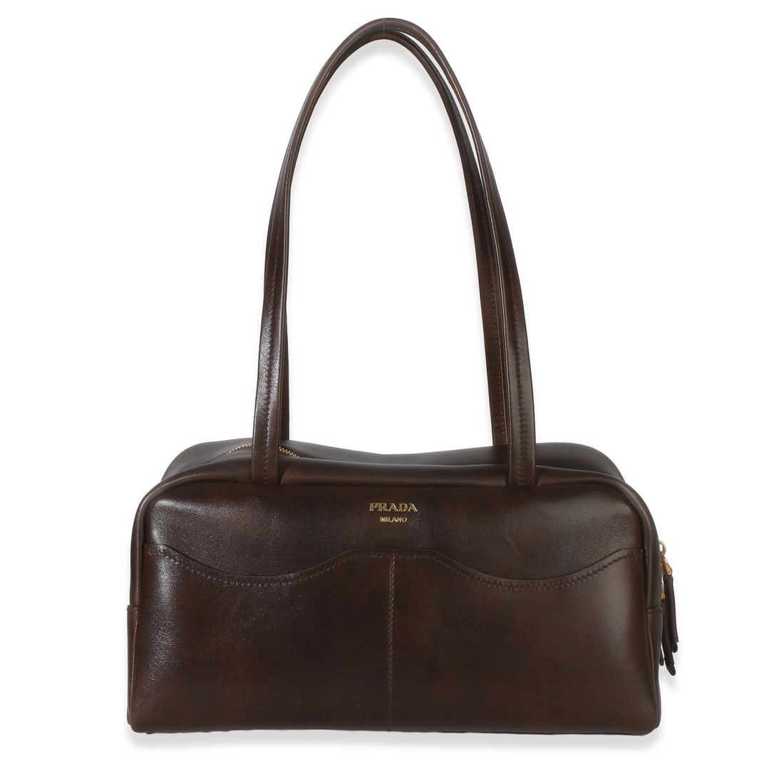 Prada Large Carry Shoulder Bag Brown Leather Zip Around with Box Dustbag: Prada Large Carry Shoulder Bag Brown Leather Zip Around with Box Dustbag Pre-owned Prada Large Carry Shoulder Bag in cocoa brown antiqued calfskin. This unisex shoulder bag features a zip-around closu