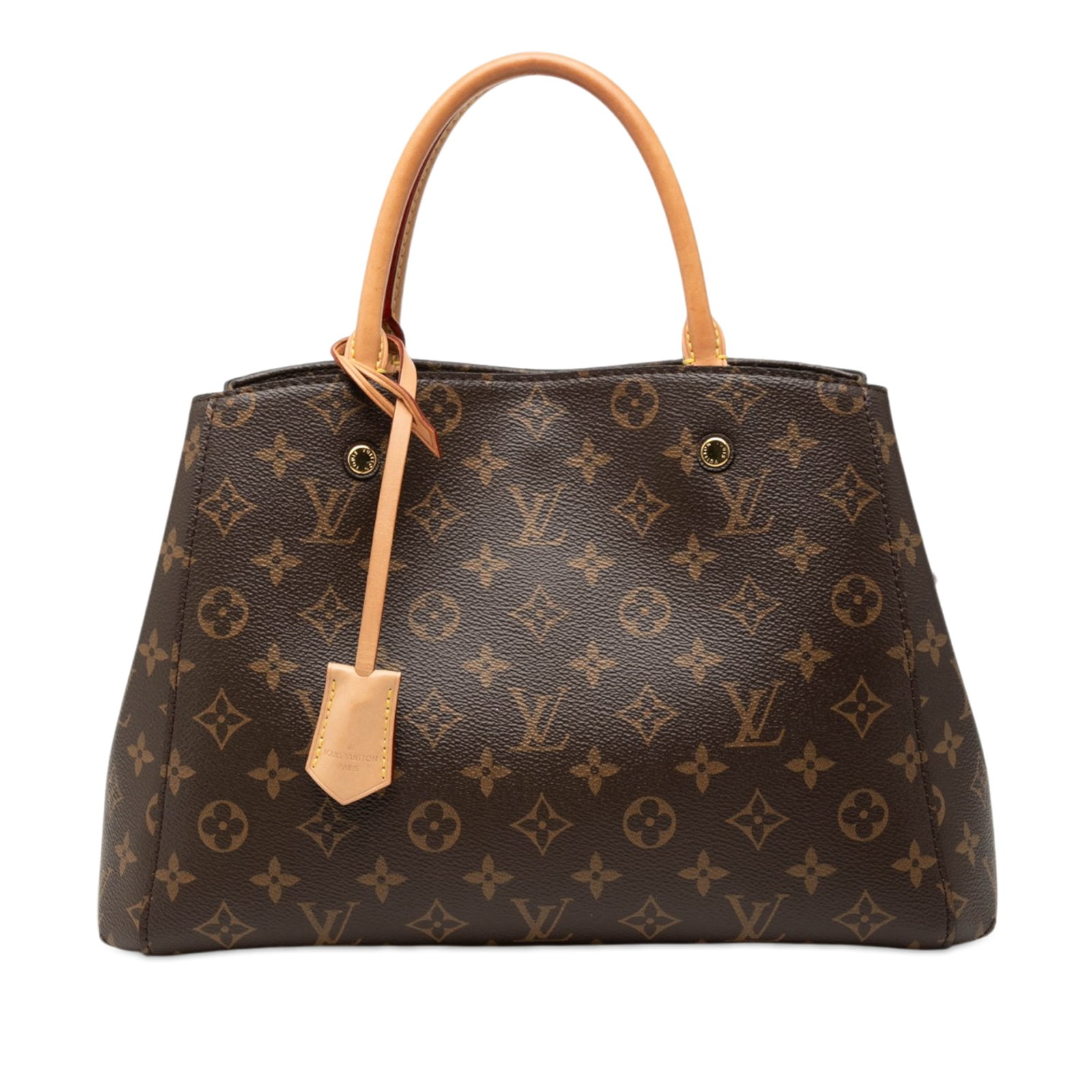 Louis Vuitton Montaigne MM Monogram Canvas Handbag Brown: Louis Vuitton Montaigne MM Monogram Canvas Handbag Brown Louis Vuitton Monogram Montaigne MM handbag crafted with a monogram canvas body and rolled vachetta leather handles. The bag features an open t