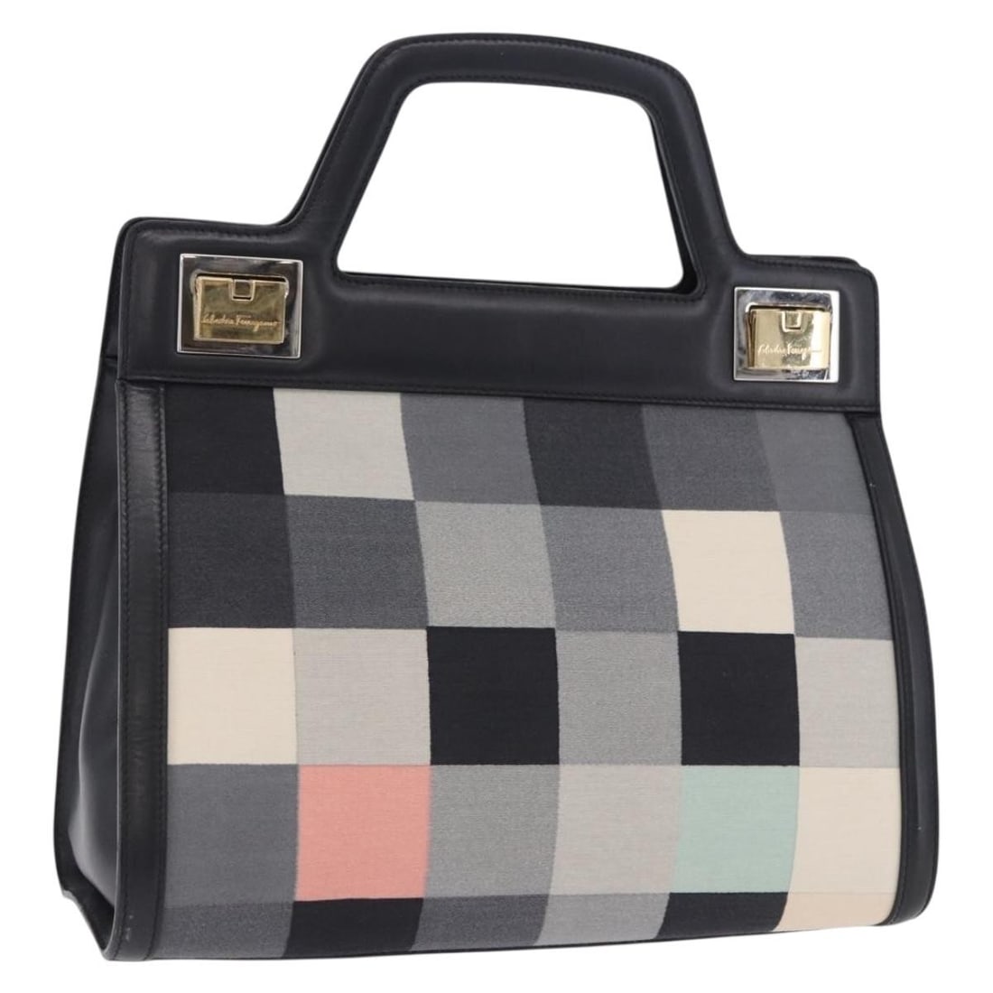 Salvatore Ferragamo Black Canvas Hand Bag Gold Tone Hardware: Salvatore Ferragamo Black Canvas Hand Bag Gold Tone Hardware Salvatore Ferragamo women's handbag in black canvas with gold-tone accents, made in Italy. This handbag includes only the item shown; the o