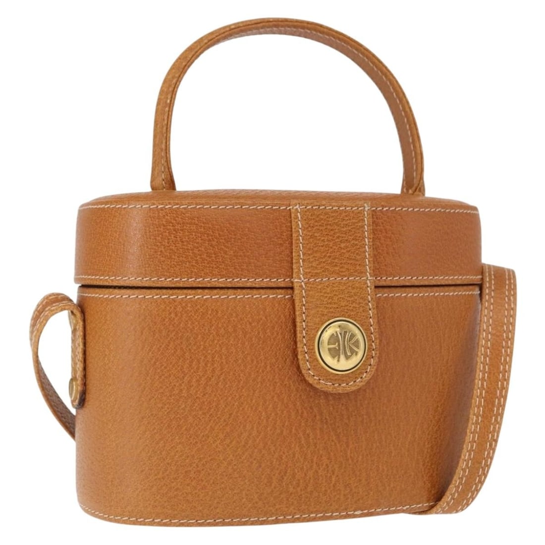 Loewe Brown Leather Vanity Bag with Two-Way Strap and Gold Accents: Loewe Brown Leather Vanity Bag with Two-Way Strap and Gold Accents This LOEWE vanity handbag features a 2-way design crafted from brown leather with gold-tone accents. The bag includes both a top hand
