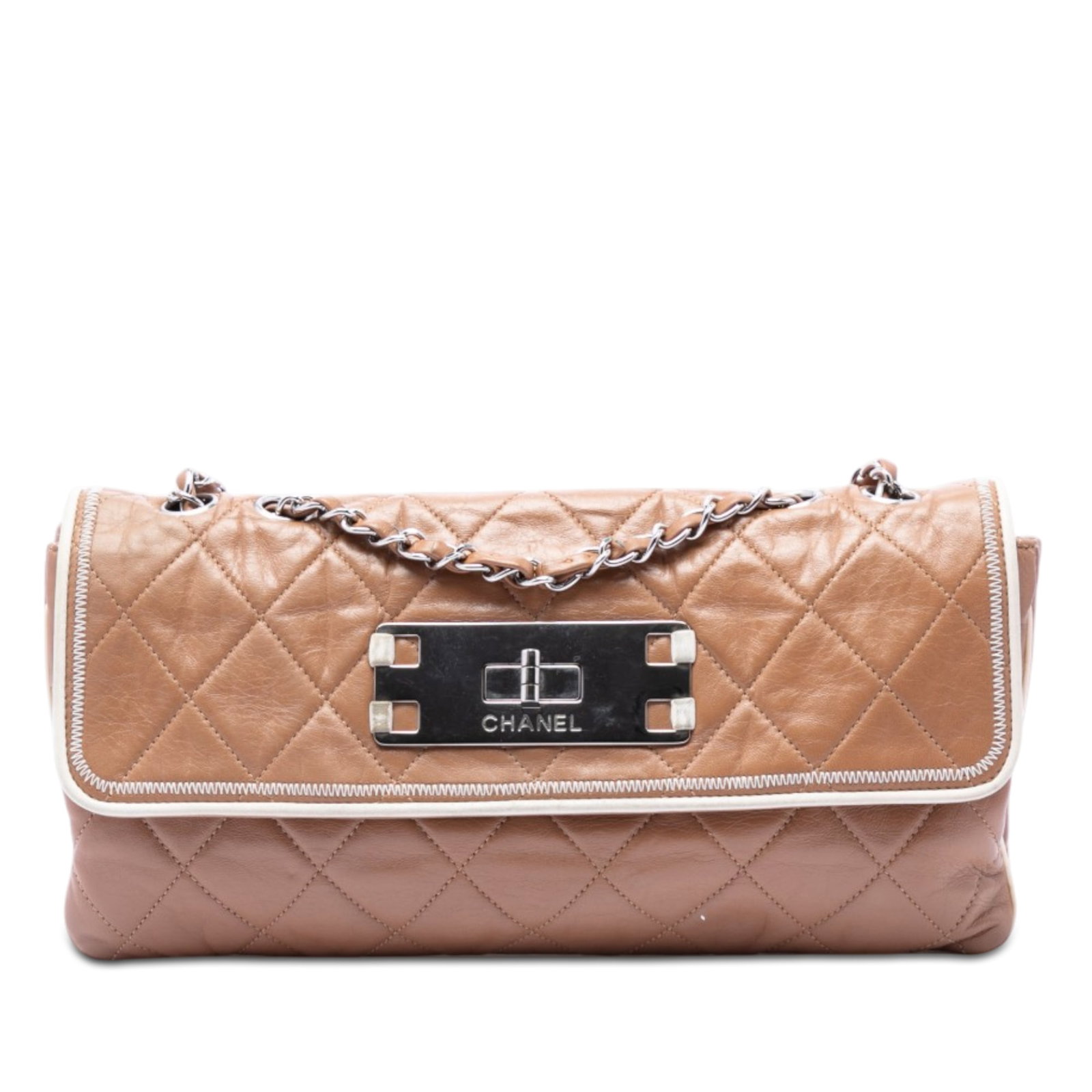 Chanel Reissue 2.55 East West Flap Quilted Lambskin Bag: Chanel Reissue 2.55 East West Flap Quilted Lambskin Bag Chanel Reissue 2.55 East West Flap bag in brown quilted aged lambskin leather. This shoulder bag features a leather-woven chain link strap, a fr