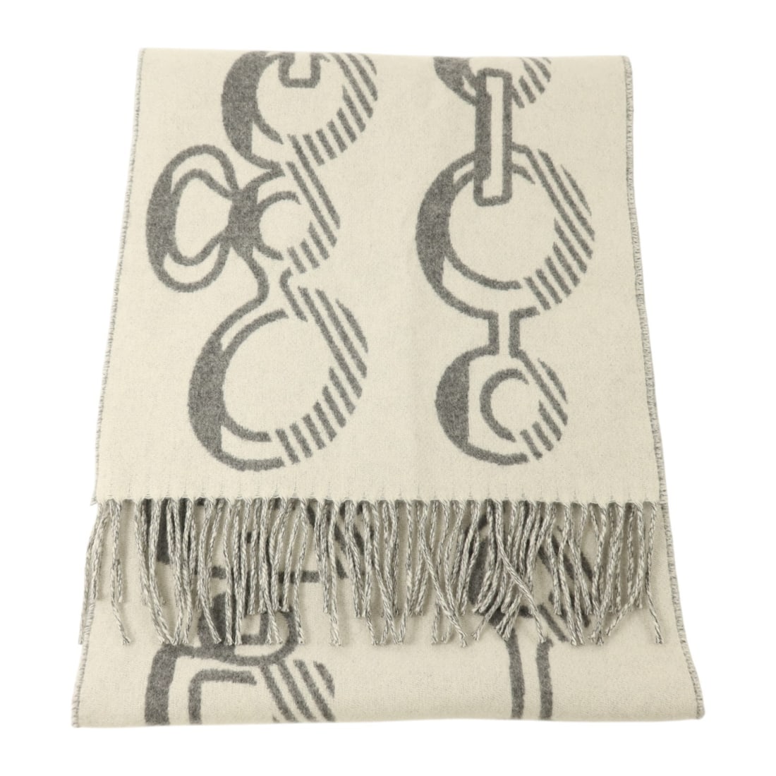 Hermes Casaque Do Re Boucles Cashmere Scarf 30x140 White Gray (1 of 7)