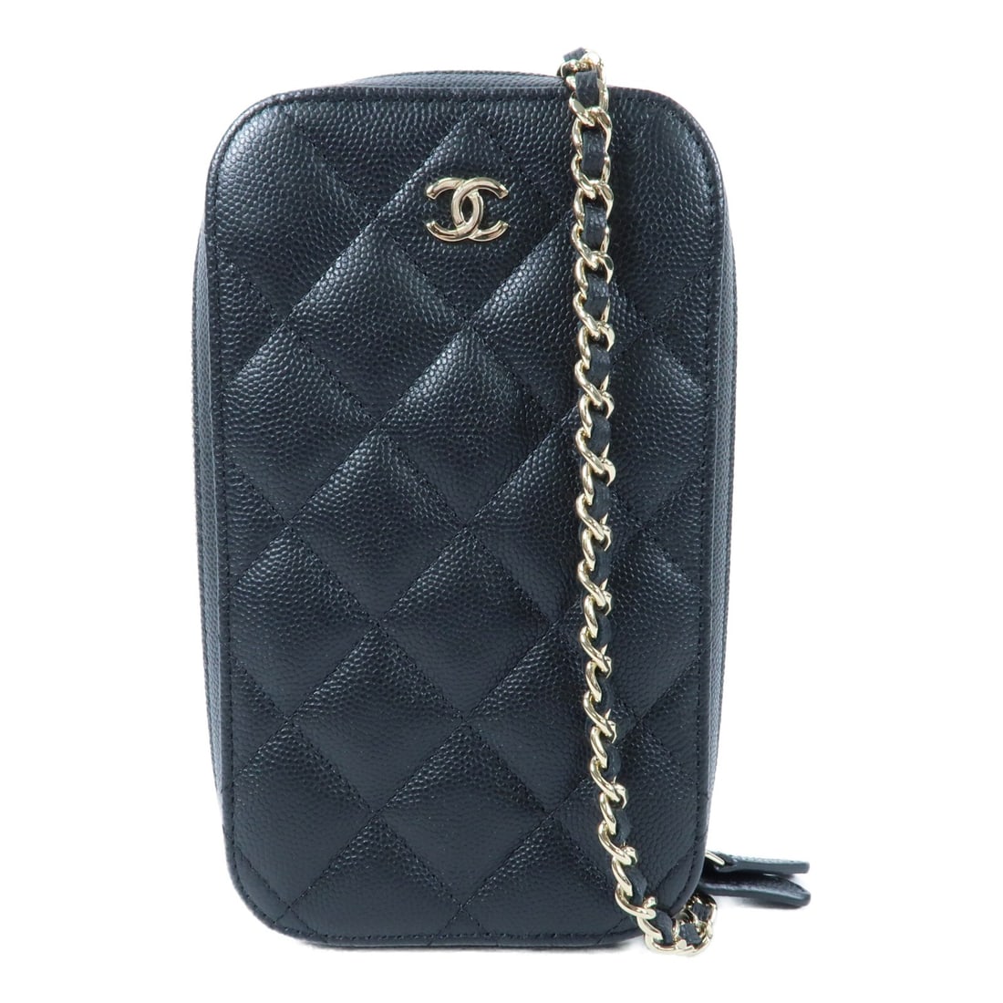 CHANEL CC Phone Shoulder Bag Black Calfskin Leather GHW: CHANEL CC Phone Shoulder Bag Black Calfskin Leather GHW Black CHANEL CC GHW phone bag chain shoulder bag in calfskin (cowhide) leather. It features a chain shoulder strap, a fastener closure, and an i