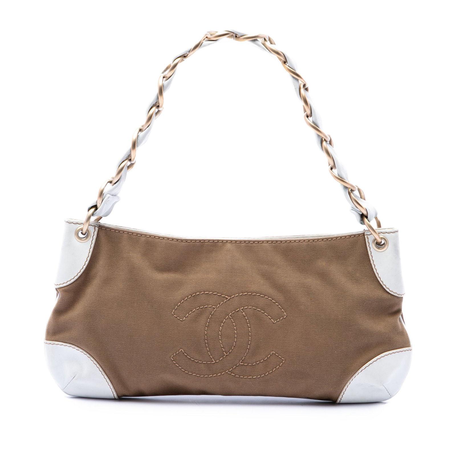 Chanel Olsen Brown Canvas Shoulder Bag with Leather Trim: Chanel Olsen Brown Canvas Shoulder Bag with Leather Trim Chanel Canvas Olsen Shoulder Bag with leather trim and a leather-woven chain link shoulder strap. The bag features an open top with magnetic sn