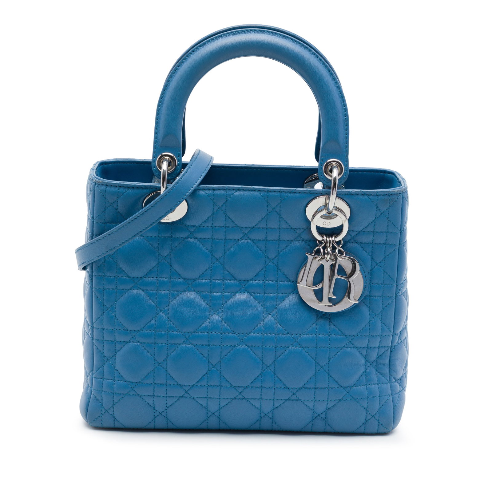 Dior Lady Dior Medium Blue Lambskin Cannage Handbag: Dior Lady Dior Medium Blue Lambskin Cannage Handbag Medium Lady Dior bag in blue lambskin with Cannage quilting. This handbag features flat top handles, a detachable flat strap, a top zip closure, and