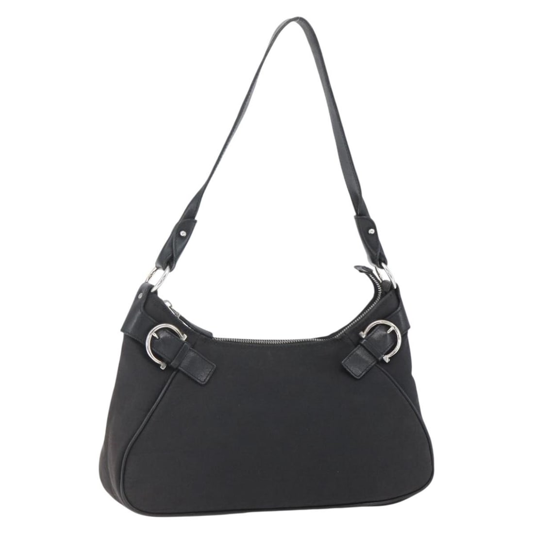 Salvatore Ferragamo Gancini black canvas shoulder bag: Salvatore Ferragamo Gancini black canvas shoulder bag This Salvatore Ferragamo Gancini shoulder bag for women features a black canvas exterior with leather details and metal fittings. The bag has a st