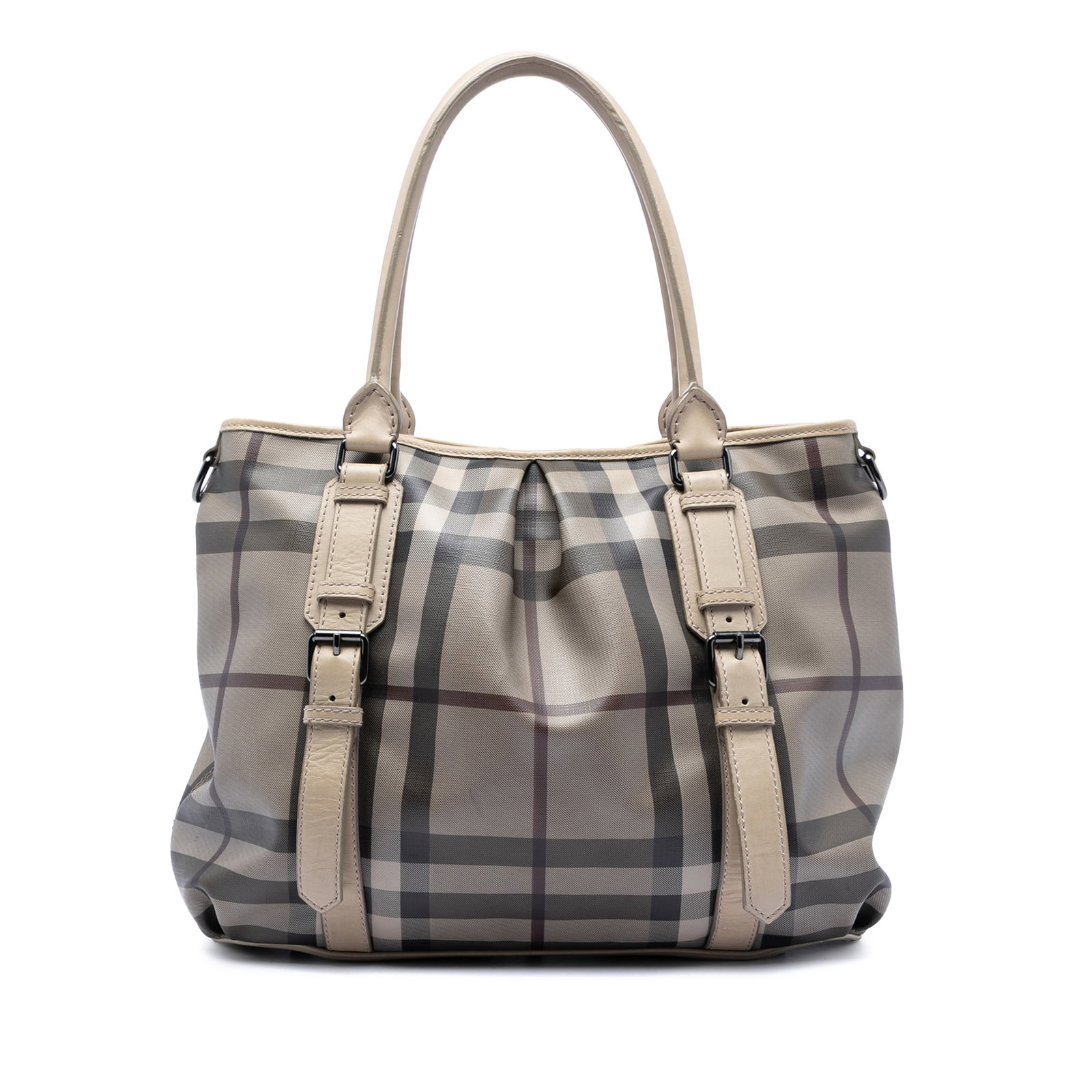 Burberry Northfield Satchel Plaid Coated Canvas with Leather Trim: Burberry Northfield Satchel Plaid Coated Canvas with Leather Trim This Burberry Northfield satchel features the iconic plaid coated canvas with leather trim and buckle details. It is designed with rol