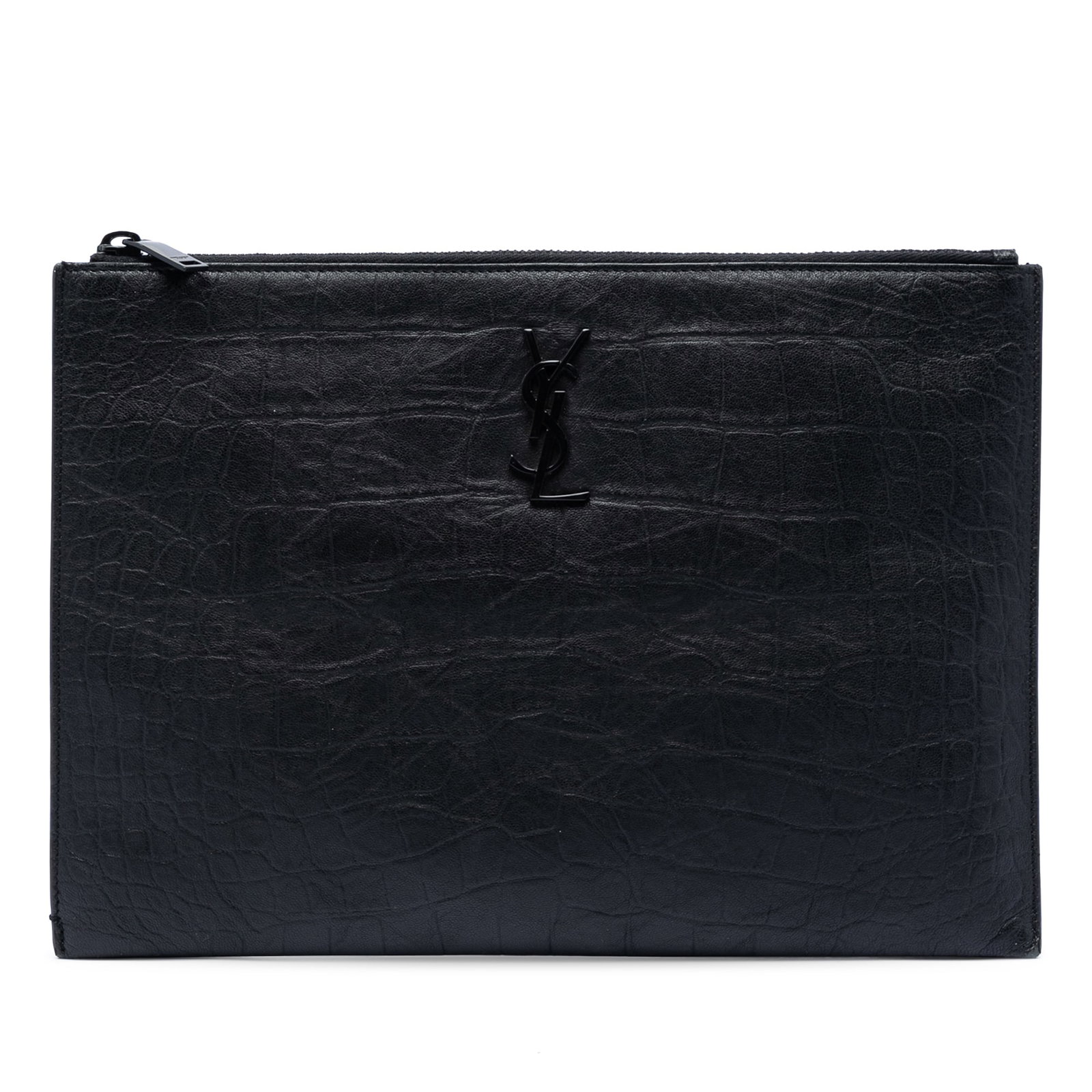 Black Leather Zip Clutch Saint Laurent Monogram Document Holder: Black Leather Zip Clutch Saint Laurent Monogram Document Holder Saint Laurent croc embossed leather monogram document holder with a top zip closure and interior slip pockets. This black leather clutch