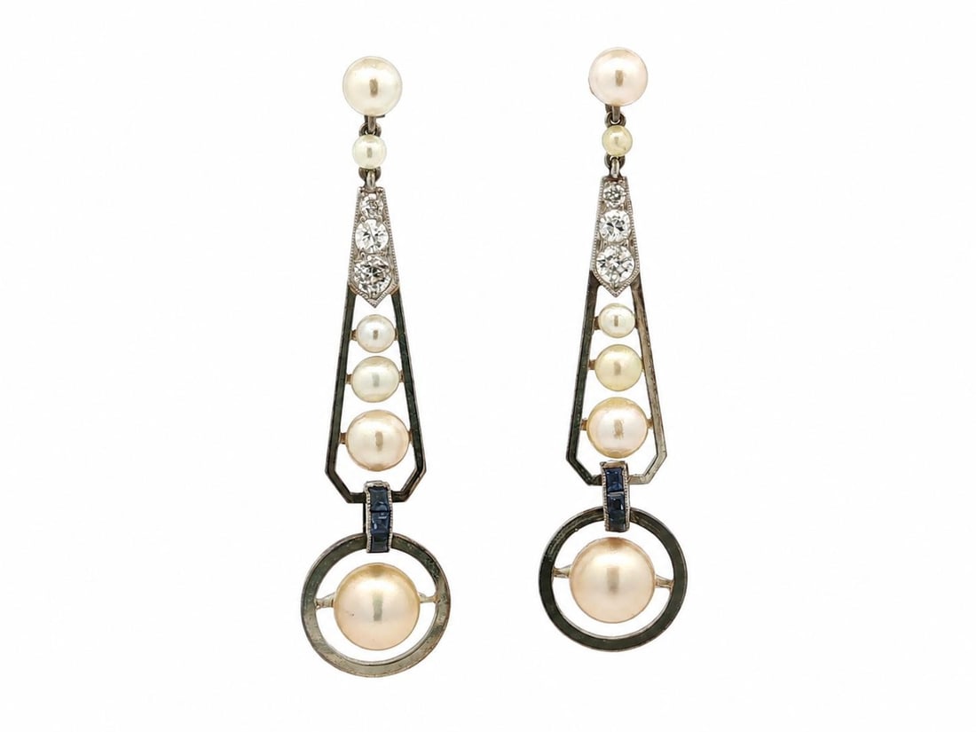 Art Deco 18k White Gold Drop Earrings with Pearls Sapphires and Diamonds: Art Deco 18k White Gold Drop Earrings with Pearls Sapphires and Diamonds Antique Art Deco dangle drop earrings featuring a target design with natural diamonds, cultured pearls, and synthetic sapphires
