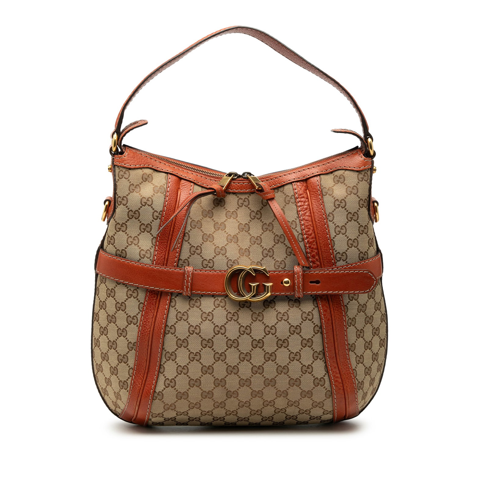 Gucci GG Canvas Medium satchel bag with leather trim: Gucci GG Canvas Medium satchel bag with leather trim This Gucci Medium GG Canvas Running Satchel features a beige canvas body with leather trim, a flat leather handle, a top zip closure, and both inte