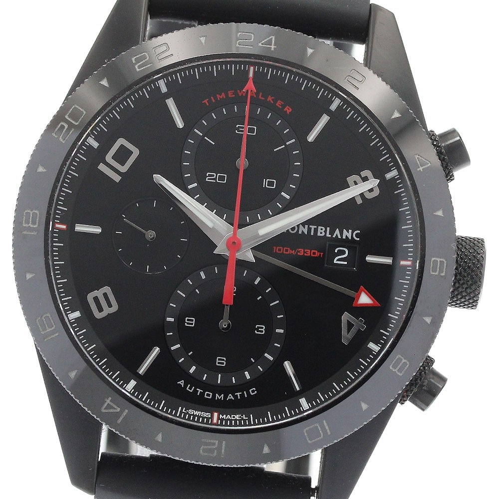 Montblanc TimeWalker UTC 116102 mens automatic chronograph GMT watch: Montblanc TimeWalker UTC 116102 mens automatic chronograph GMT watch Pre-owned Montblanc TimeWalker UTC chronograph wristwatch with automatic movement and a black dial. This men's watch features date,