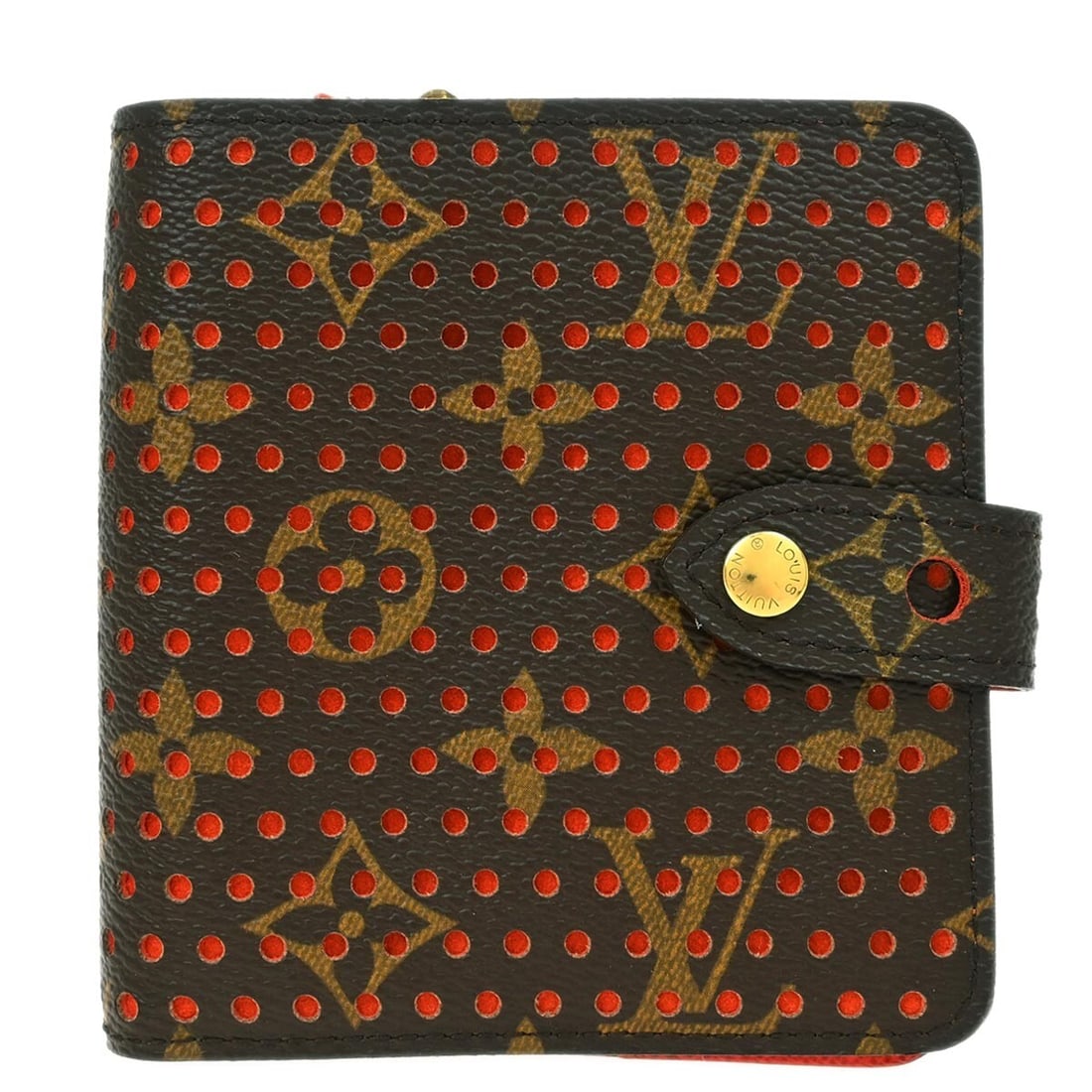 Louis Vuitton M95189 Monogram Perfo Canvas Compact Zip Wallet: Louis Vuitton M95189 Monogram Perfo Canvas Compact Zip Wallet Compact Louis Vuitton Monogram Perfo zip wallet in brown and orange Monogram Perfo canvas with leather trim and logo accents. This folding