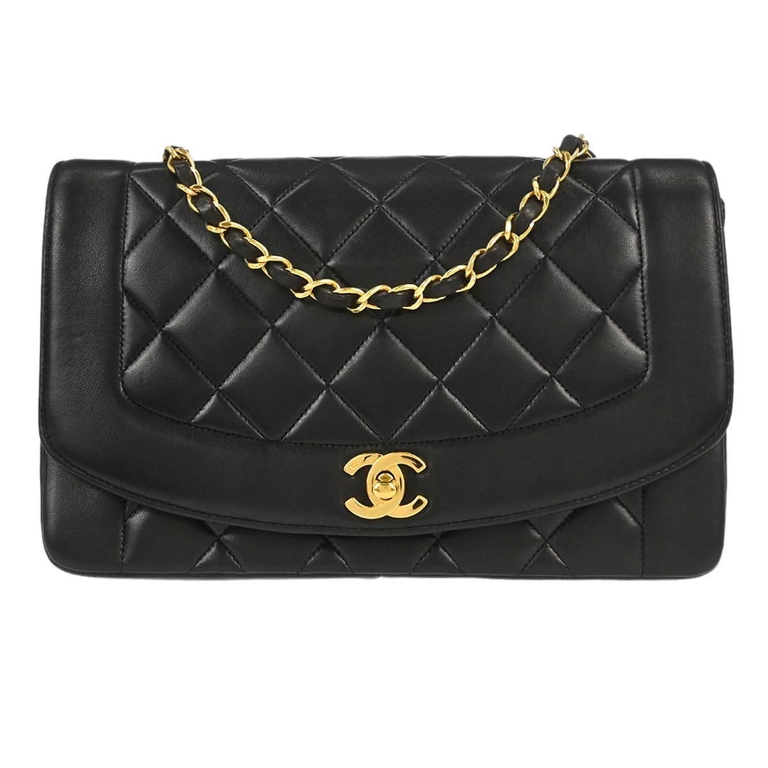 CHANEL Diana Medium Black Lambskin Shoulder Bag: CHANEL Diana Medium Black Lambskin Shoulder Bag Chanel Diana medium shoulder bag in black lambskin with a canvas lining and shoulder strap. This women's bag features interior pockets and is made in Fr