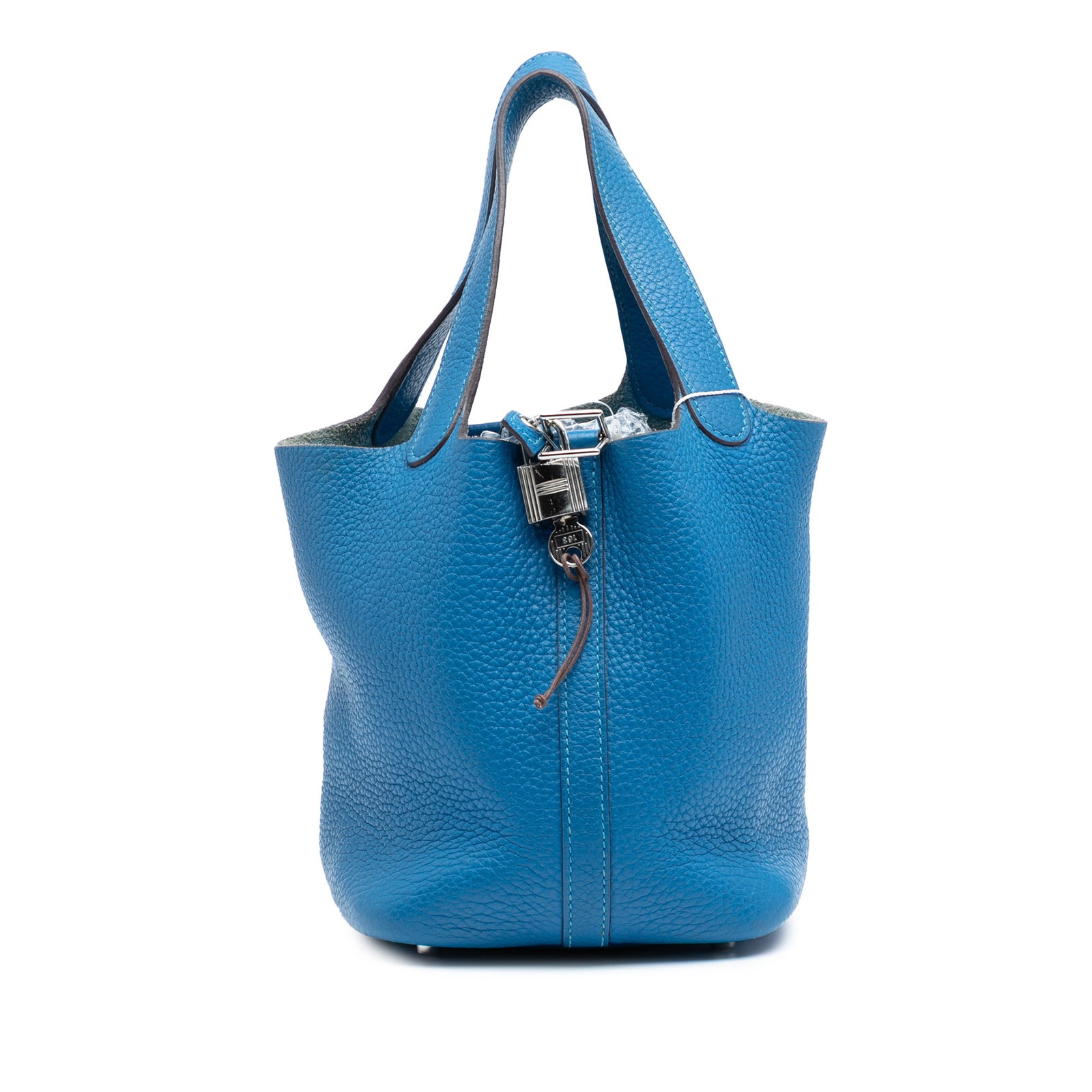 Hermes Clemence Picotin Lock 18 Blue Mykonos Leather Bag: Hermes Clemence Picotin Lock 18 Blue Mykonos Leather Bag The Hermes Clemence Picotin Lock 18 is a stylish and functional bag crafted from luxurious Clemence leather in a vibrant Blue Mykonos color. Th