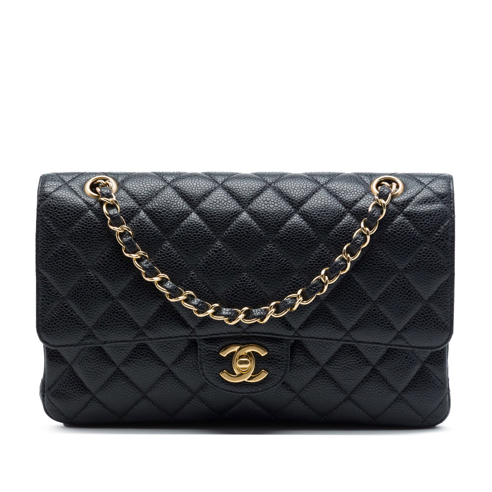 Chanel Medium Classic Double Flap Caviar Leather Shoulder Bag: Chanel Medium Classic Double Flap Caviar Leather Shoulder Bag Chanel Medium Classic Caviar Double Flap bag crafted with a quilted caviar leather body and a leather-woven chain link strap. This bag fea
