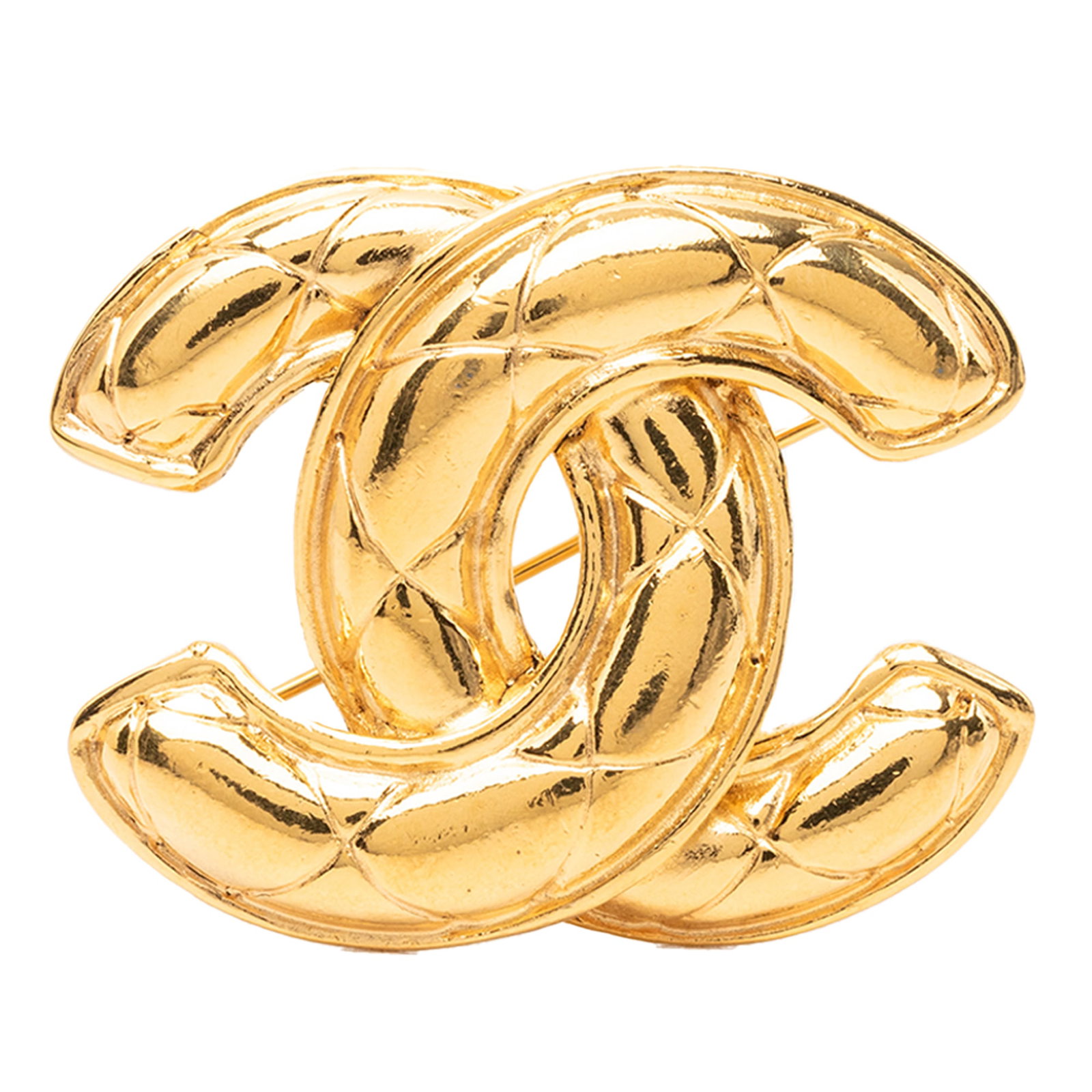 Chanel CC Quilted Gold Plated Metal Brooch: Chanel CC Quilted Gold Plated Metal Brooch Chanel CC quilted brooch in gold plated metal with a back pin closure. This costume jewelry piece is made in France and shows scratches to the front, back, a