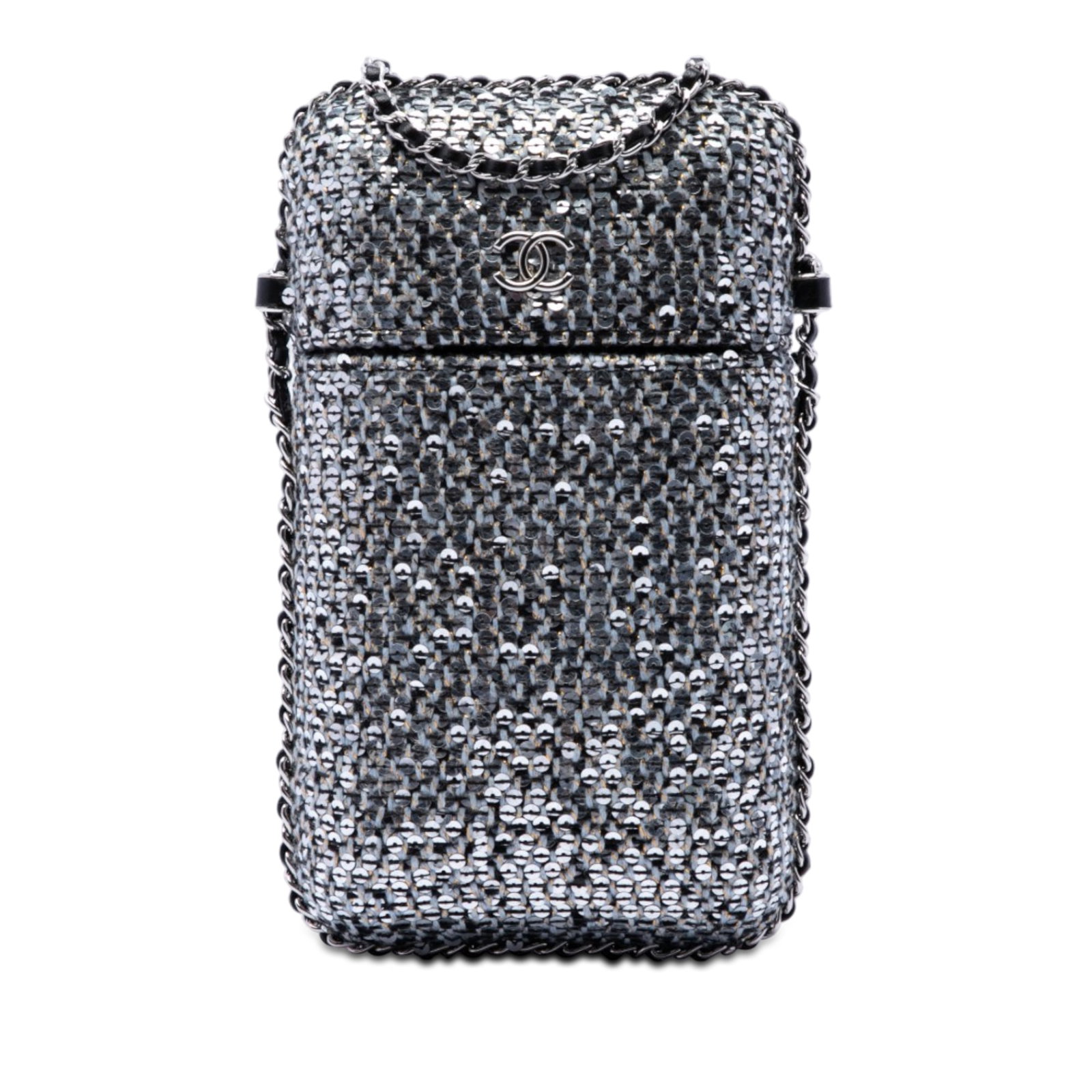 Chanel CC Chain Around Phone Holder Tweed Sequin Fabric Bag: Chanel CC Chain Around Phone Holder Tweed Sequin Fabric Bag Phone holder with a tweed body, sequin detailing, and a leather-woven chain strap. Condition is rated AB, with wear to the exterior bottom, 
