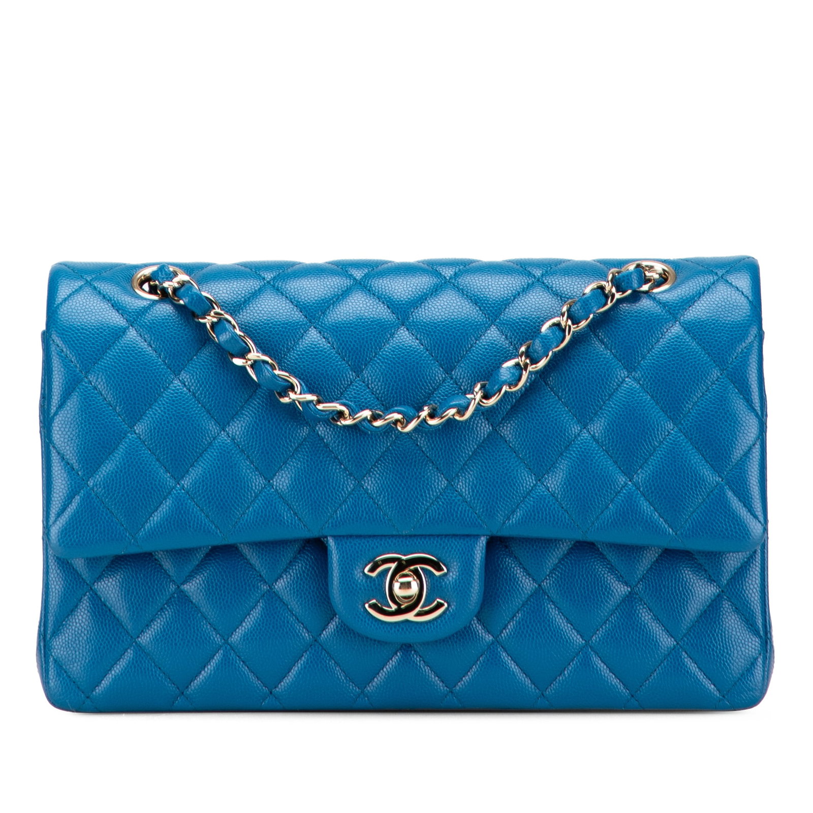 Chanel Medium Classic Caviar Double Flap Blue Leather Shoulder Bag: Chanel Medium Classic Caviar Double Flap Blue Leather Shoulder Bag Elevate your style with this Chanel Medium Classic Caviar Double Flap shoulder bag, crafted from luxurious quilted caviar leather. Th