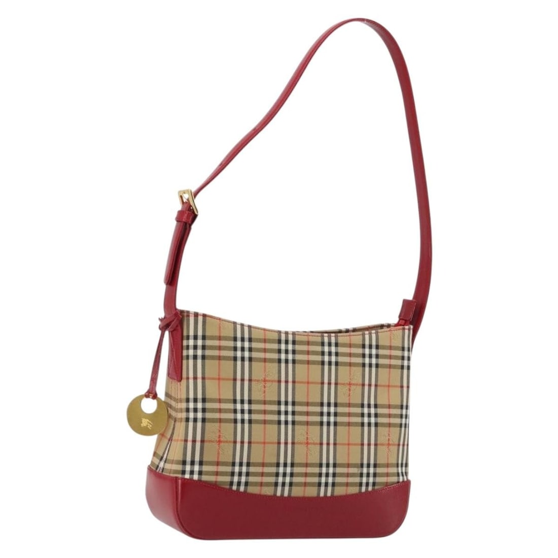 Burberry Nova Check Canvas Shoulder Bag Beige Gold Charm: Burberry Nova Check Canvas Shoulder Bag Beige Gold Charm Burberry Nova Check shoulder bag in beige and gold canvas with a charm accessory. This women's shoulder bag is made in Italy and is in AB very 