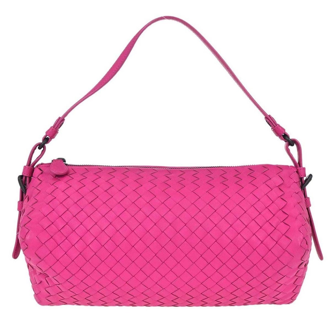 Bottega Veneta Intrecciato Mini Top Handle Bag Pink Lambskin: Bottega Veneta Intrecciato Mini Top Handle Bag Pink Lambskin Pink lambskin Intrecciato handbag with a structured top handle design and gray lining. This mini women's bag features inner pockets and is 