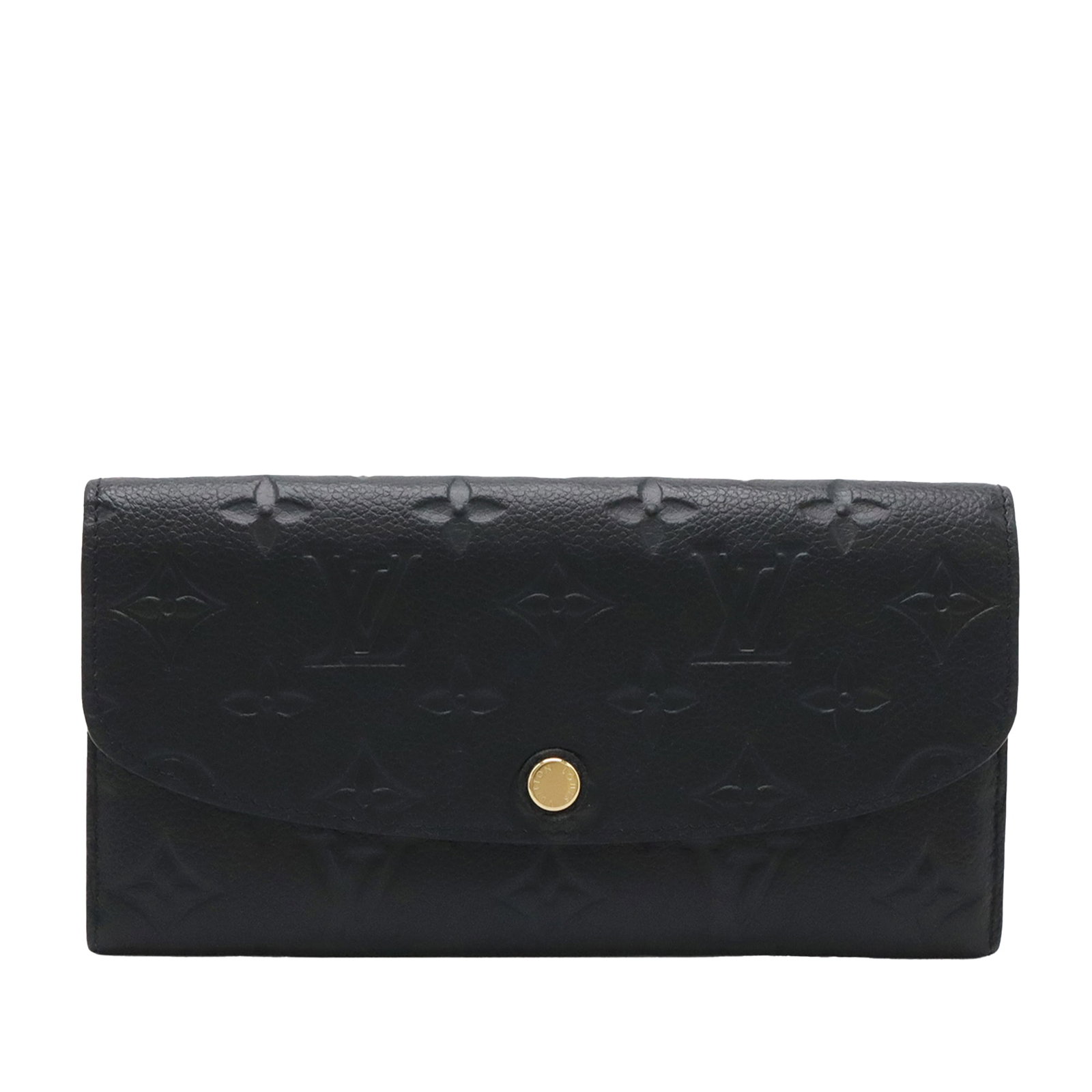Louis Vuitton Emilie Wallet Monogram Empreinte Black Leather: Louis Vuitton Emilie Wallet Monogram Empreinte Black Leather Louis Vuitton Emilie wallet in Monogram Empreinte leather with a front flap and snap button closure. The interior includes zip and slip com