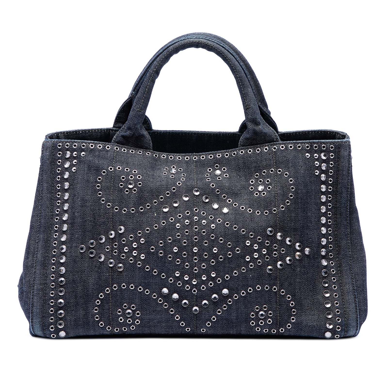 Prada Canapa Logo Tote in Studded Gray Denim: Prada Canapa Logo Tote in Studded Gray Denim Prada Canapa logo tote in gray studded denim with rolled handles, an open top, and an interior zip pocket. Made in Italy. Condition is rated B+ with noted 