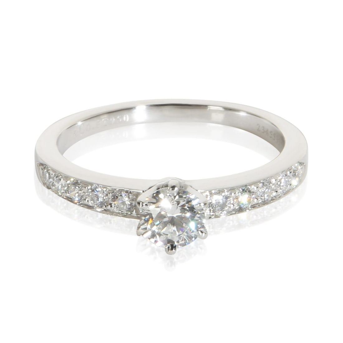 Tiffany & Co. Platinum Engagement Ring 0.41 ct VS1 Round Diamond Size 7: Tiffany & Co. Platinum Engagement Ring 0.41 ct VS1 Round Diamond Size 7 Tiffany & Co. engagement ring featuring a round brilliant diamond center stone with additional diamond side stones. This pre-own