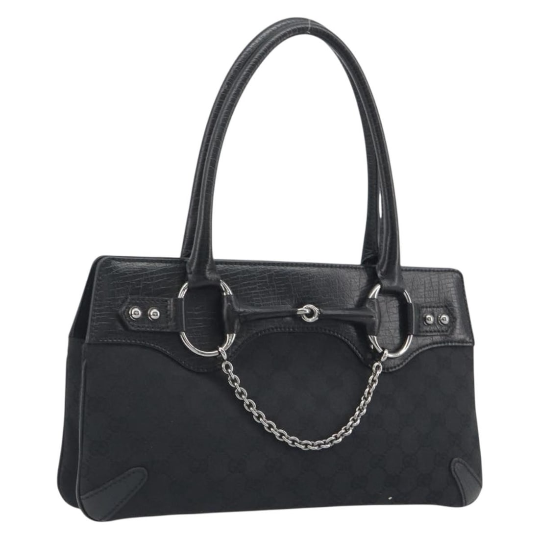 Gucci 114913 Horsebit handbag in black GG canvas with dust bag: Gucci 114913 Horsebit handbag in black GG canvas with dust bag Gucci horsebit handbag in black GG canvas with silver-tone accents. Made in Italy, this women's handbag includes a dust bag. Condition is