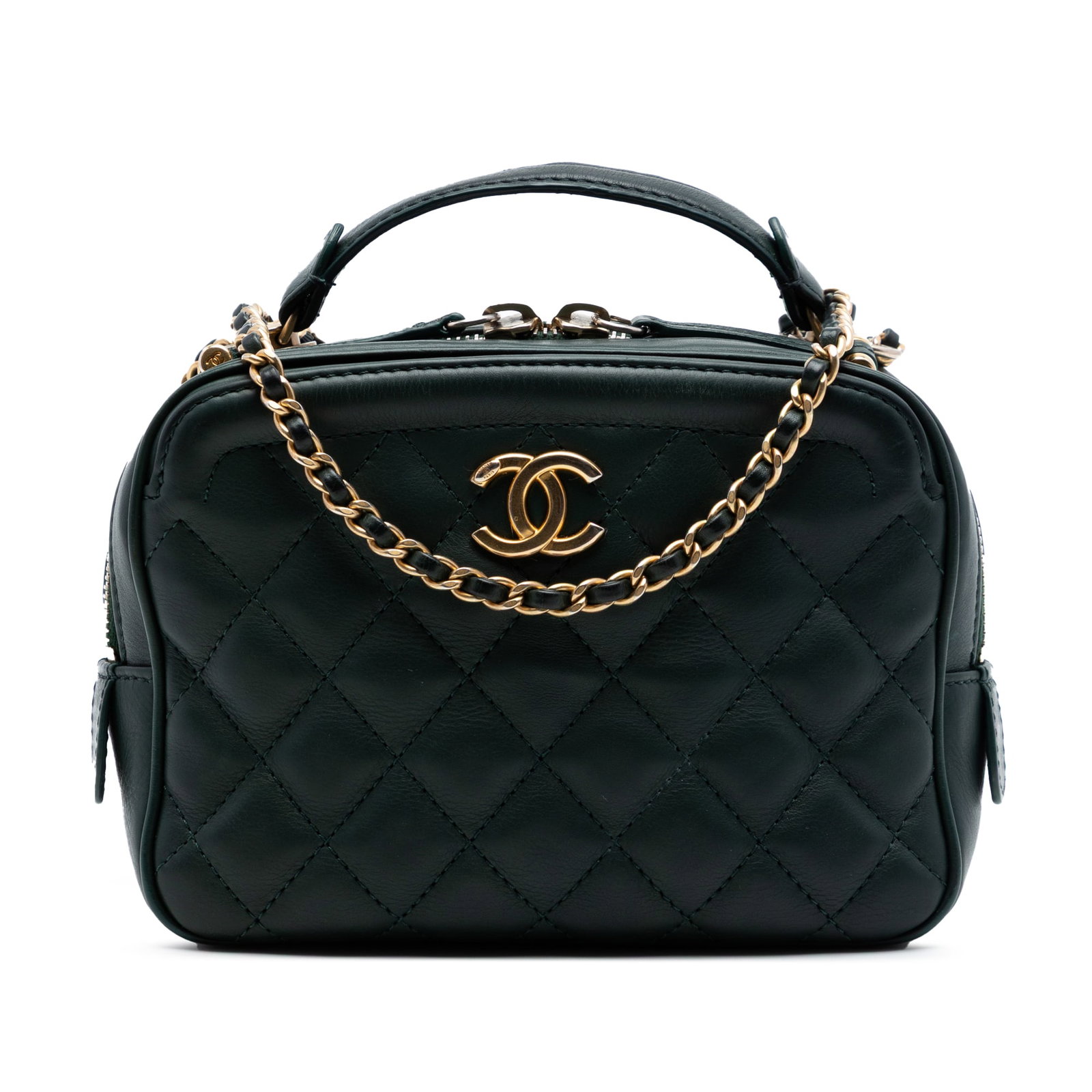 Chanel Small CC quilted calfskin vanity bag with chain strap: Chanel Small CC quilted calfskin vanity bag with chain strap A Chanel Small CC Quilted Calfskin Top Handle Vanity Case with Chain in green. This satchel-style bag features a quilted calf leather body,