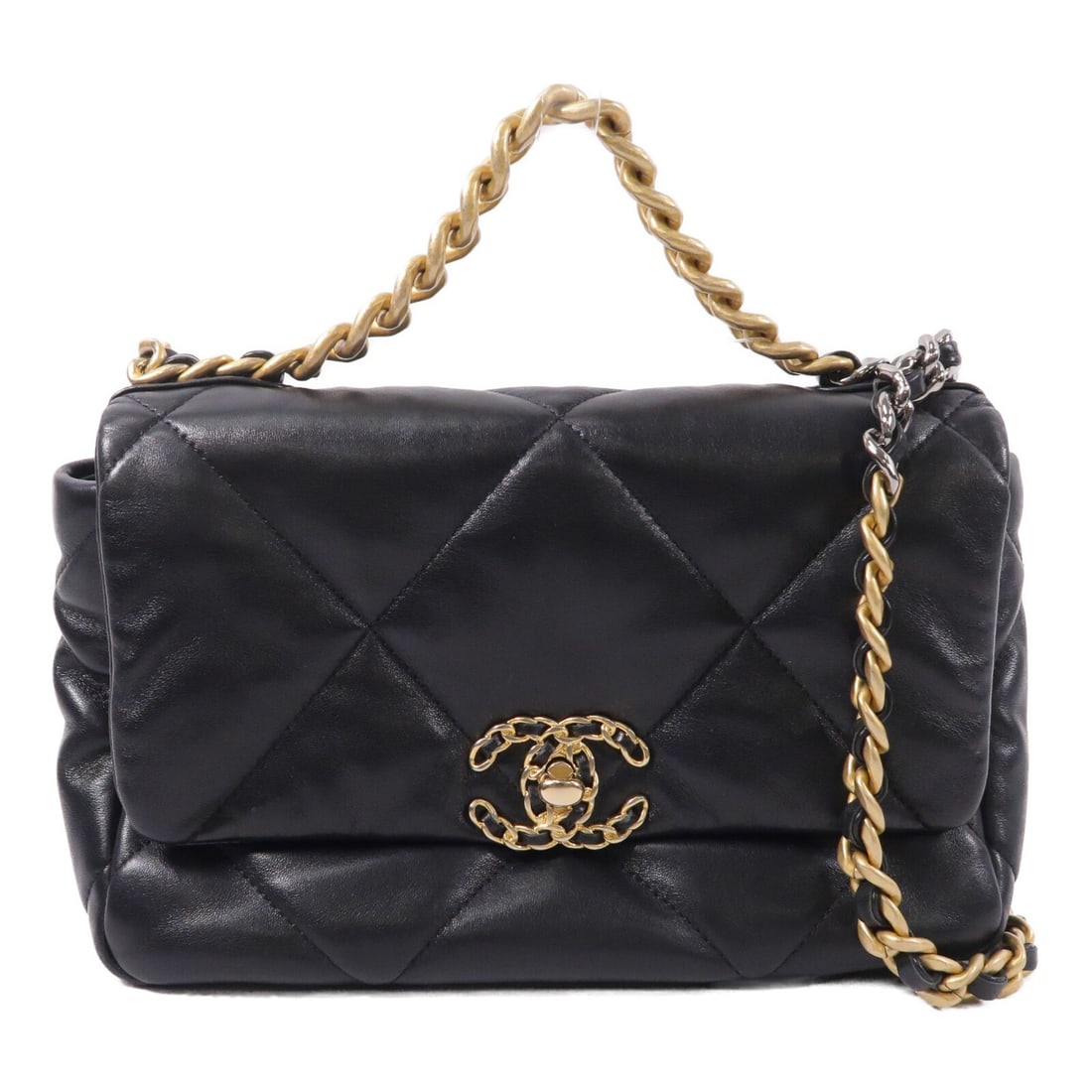 CHANEL C19 Small 2way Shoulder Bag Black Lambskin CC GHW: CHANEL C19 Small 2way Shoulder Bag Black Lambskin CC GHW CHANEL C19 small 2-way shoulder bag in black lambskin leather with gold-tone hardware. It features a turn lock closure, one inside zip pocket, 