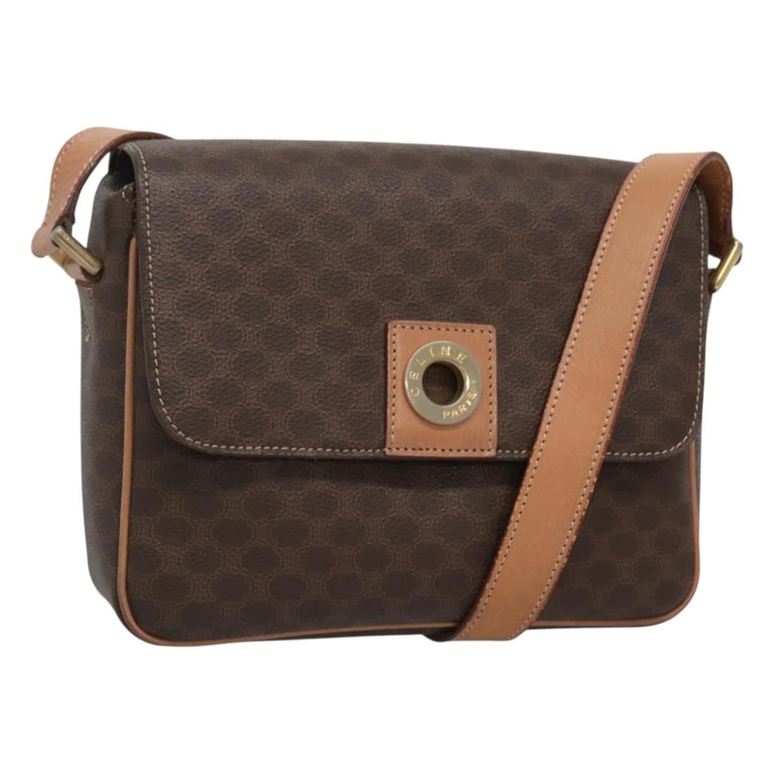 Celine Vintage Macadam Circle Logo Shoulder Bag Brown Canvas Leather: Celine Vintage Macadam Circle Logo Shoulder Bag Brown Canvas Leather This Celine Vintage Macadam Circle Logo Shoulder Bag features a classic brown canvas exterior accented with leather detailing. Desi