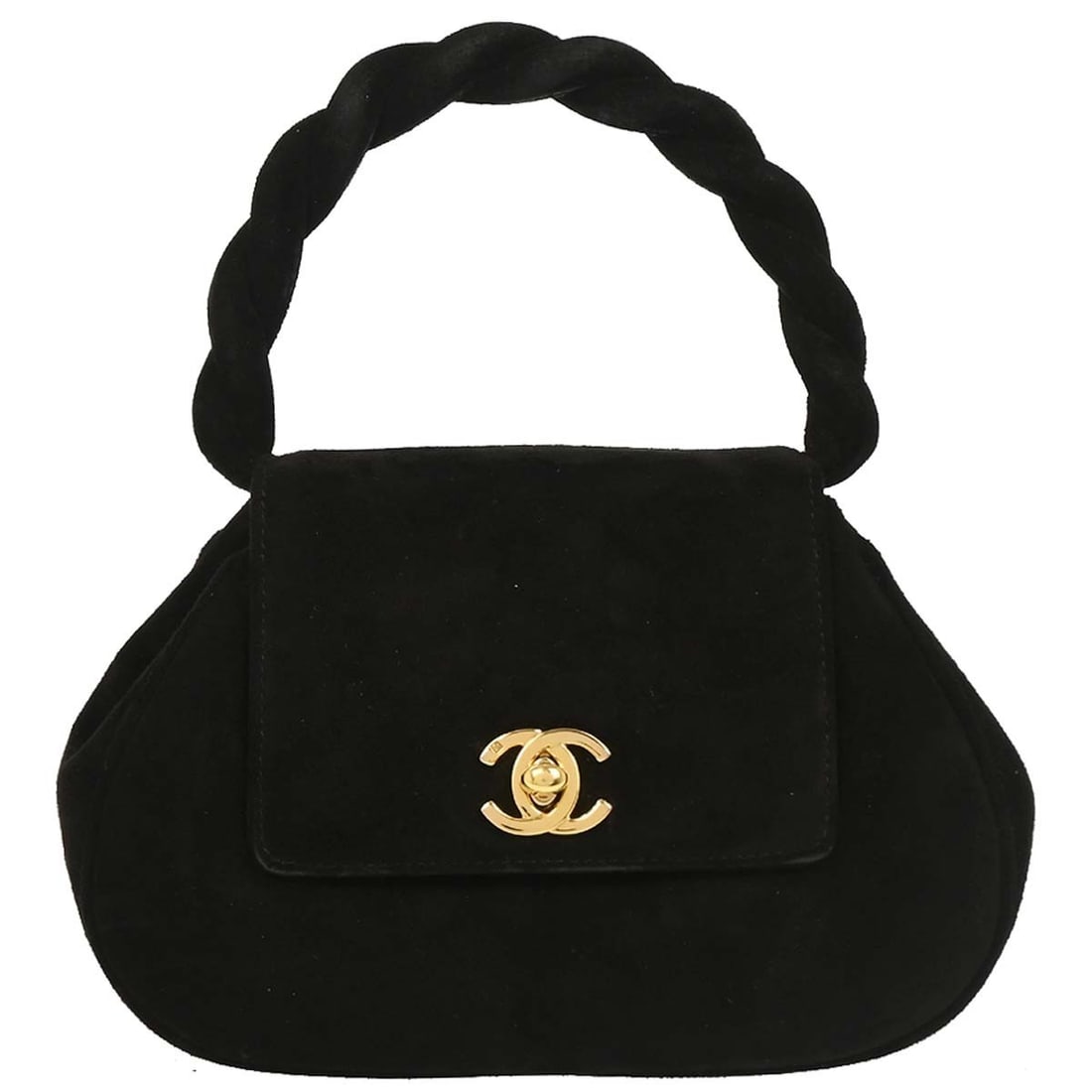 CHANEL top handle handbag in black suede with logo: CHANEL top handle handbag in black suede with logo Black suede top handle handbag with logo accents and inner storage, including one interior zipper pocket. This small women's bag is made in Italy and