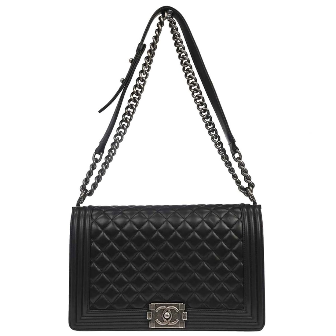 CHANEL Boy Medium Shoulder Bag Black Lambskin Push Lock: CHANEL Boy Medium Shoulder Bag Black Lambskin Push Lock This is a Chanel Boy medium shoulder bag in black lambskin with a square shape and push-lock closure. It features a chain strap, inner pockets, 