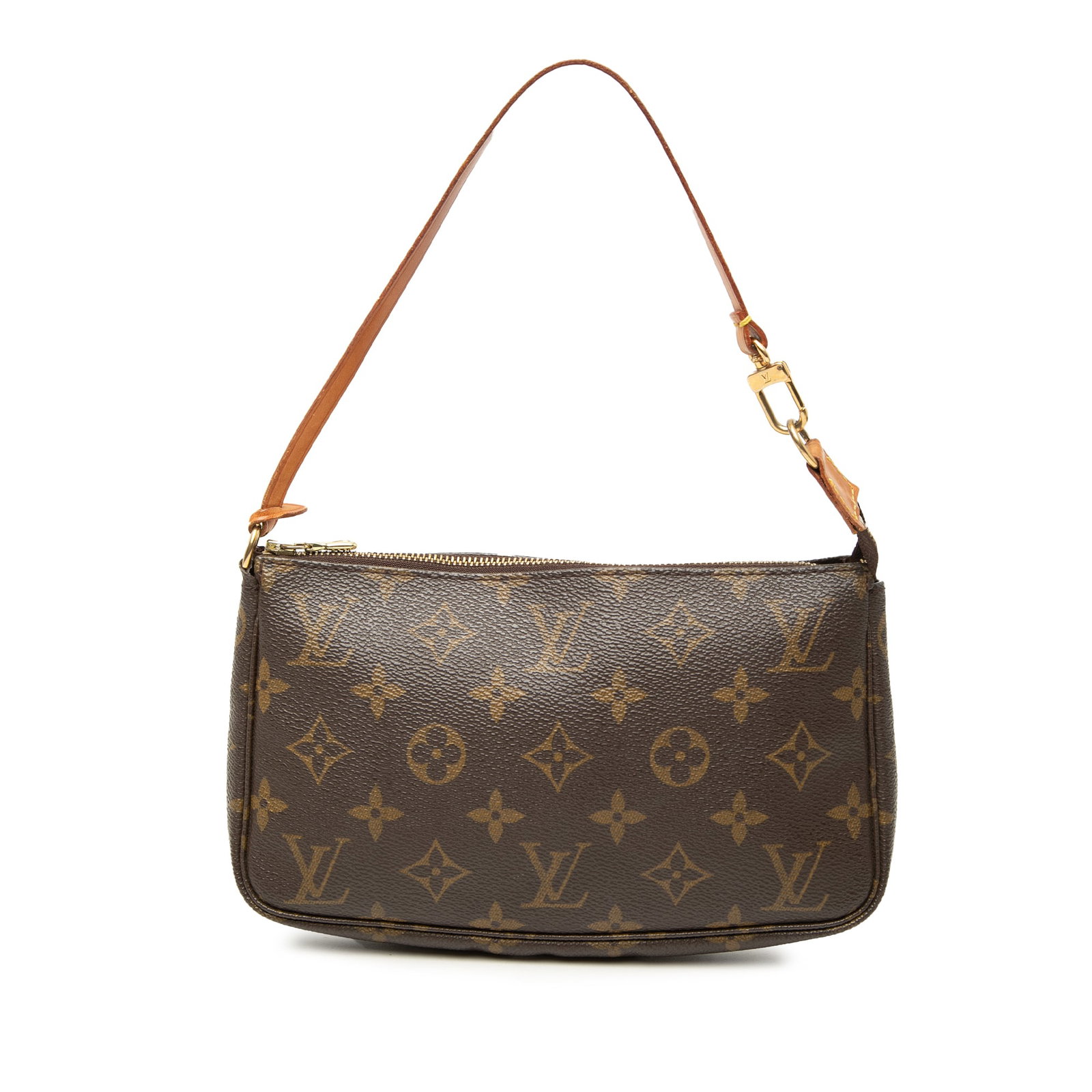Louis Vuitton Monogram Pochette Accessoires zip top shoulder bag: Louis Vuitton Monogram Pochette Accessoires zip top shoulder bag Louis Vuitton Monogram Pochette Accessoires crafted with a monogram canvas body, a flat vachetta leather handle, and a top zip closure.